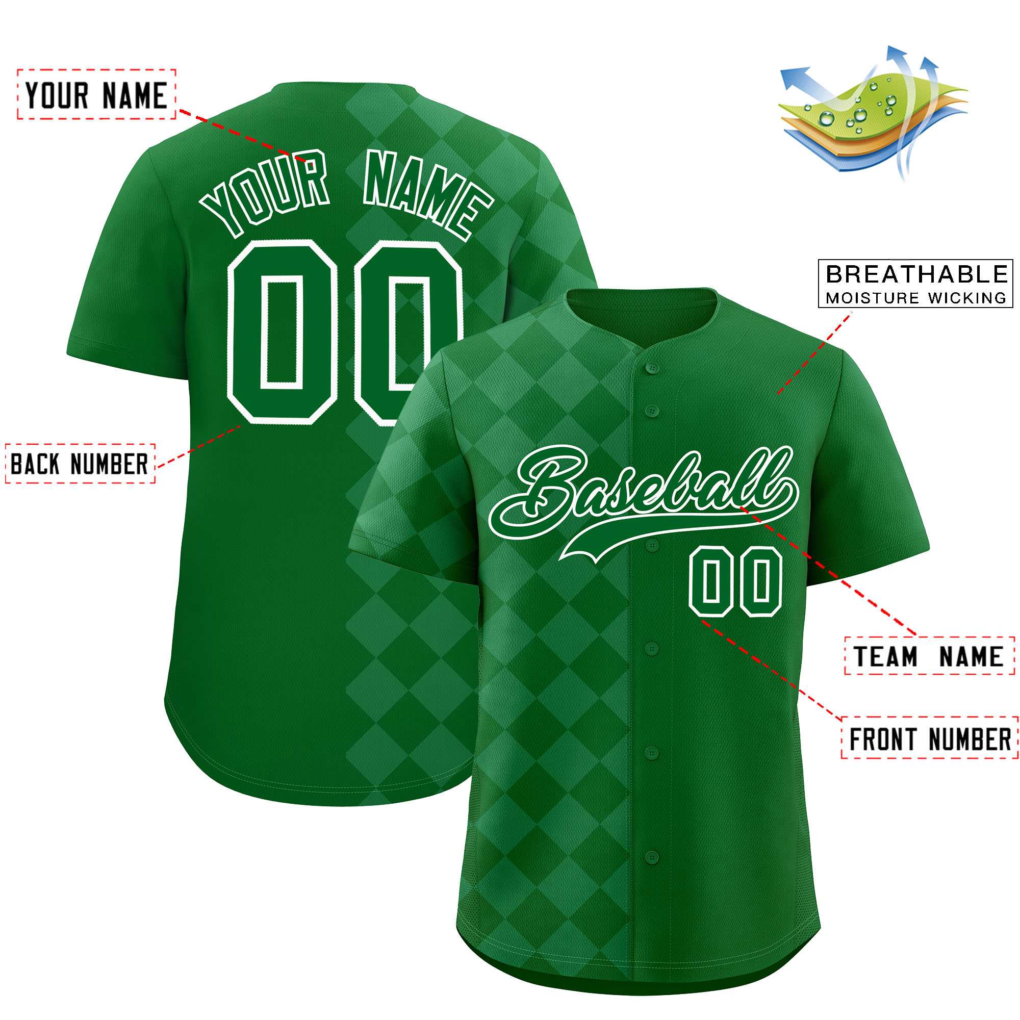 Custom Green Rhombus Design Authentic Baseball Jersey