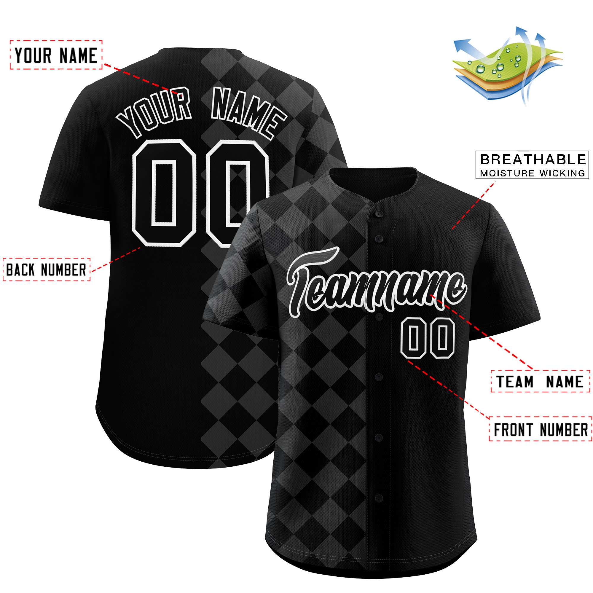 Custom Black Rhombus Design Authentic Baseball Jersey