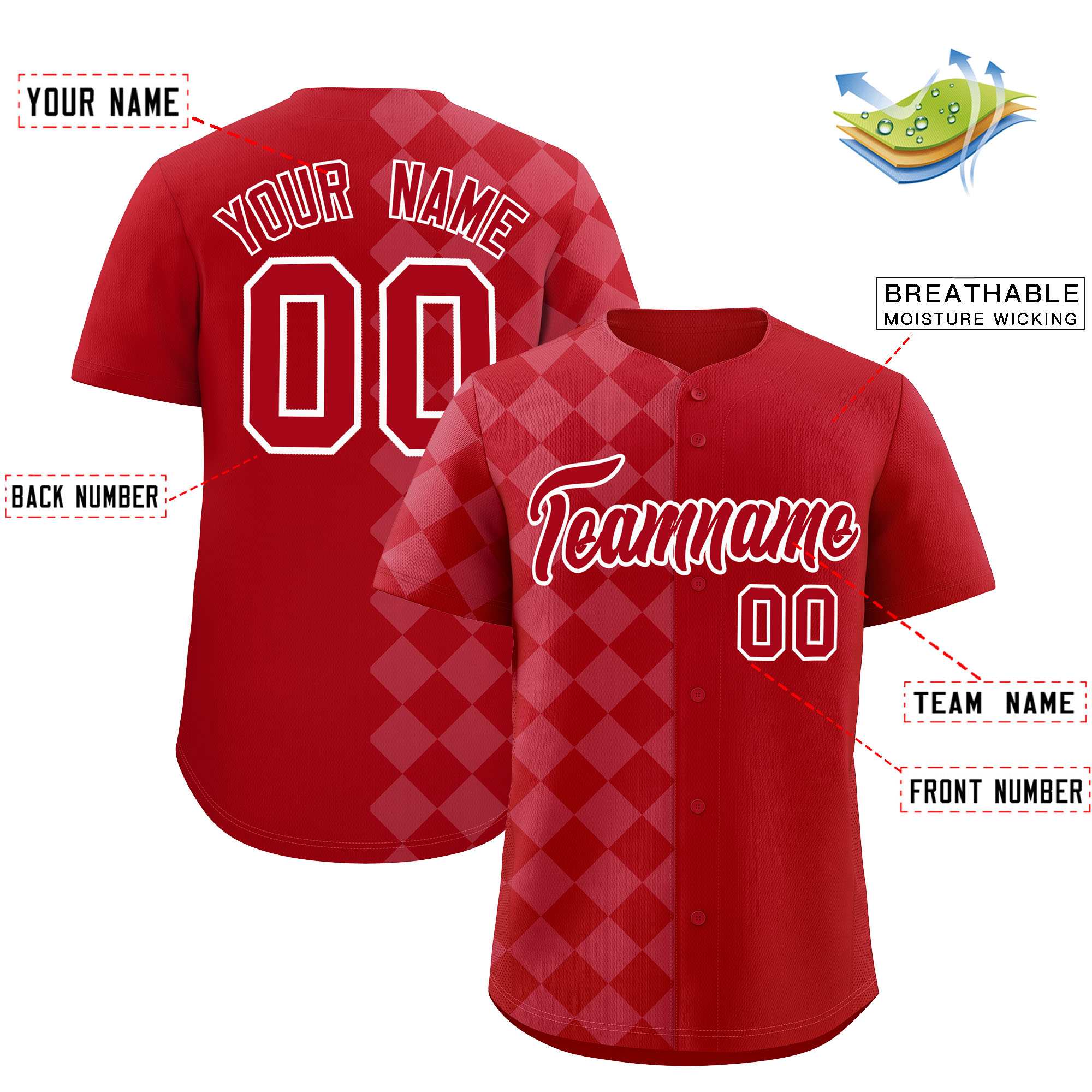 Custom Red Rhombus Design Authentic Baseball Jersey