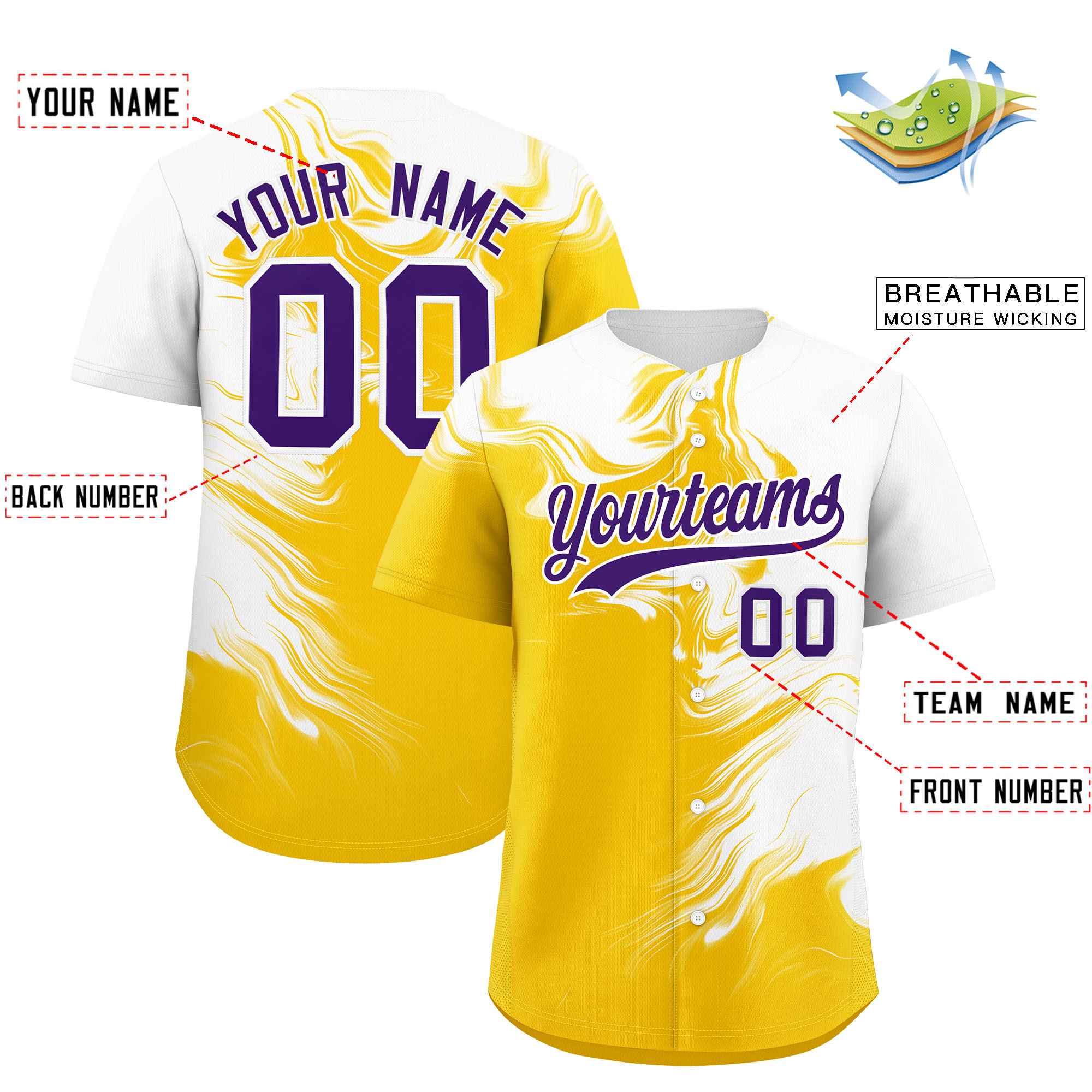 Custom White Gold Personalized Ink Pattern Authentic Baseball Jersey