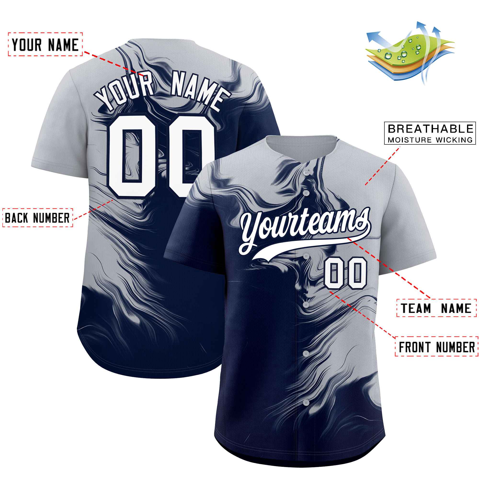 Custom Gray Navy Personalized Ink Pattern Authentic Baseball Jersey