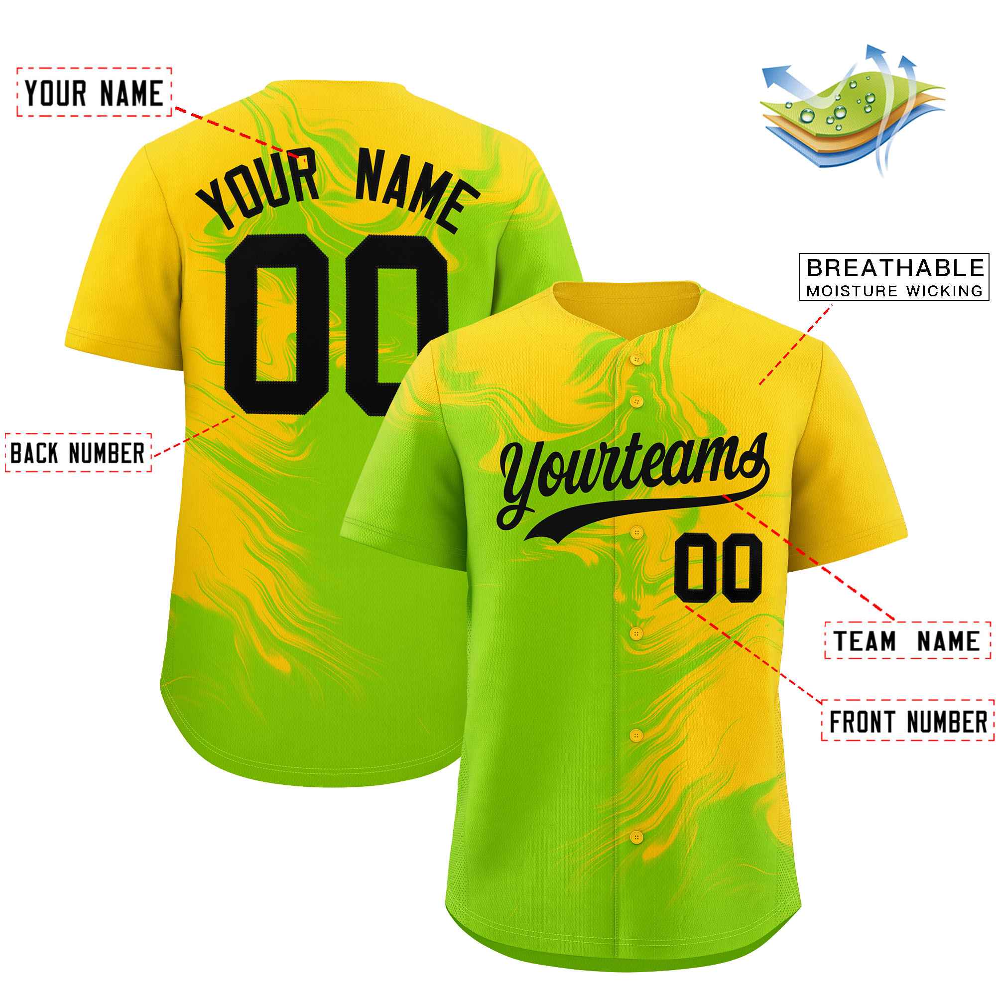 Custom Gold Neon Green Personalized Ink Pattern Authentic Baseball Jersey