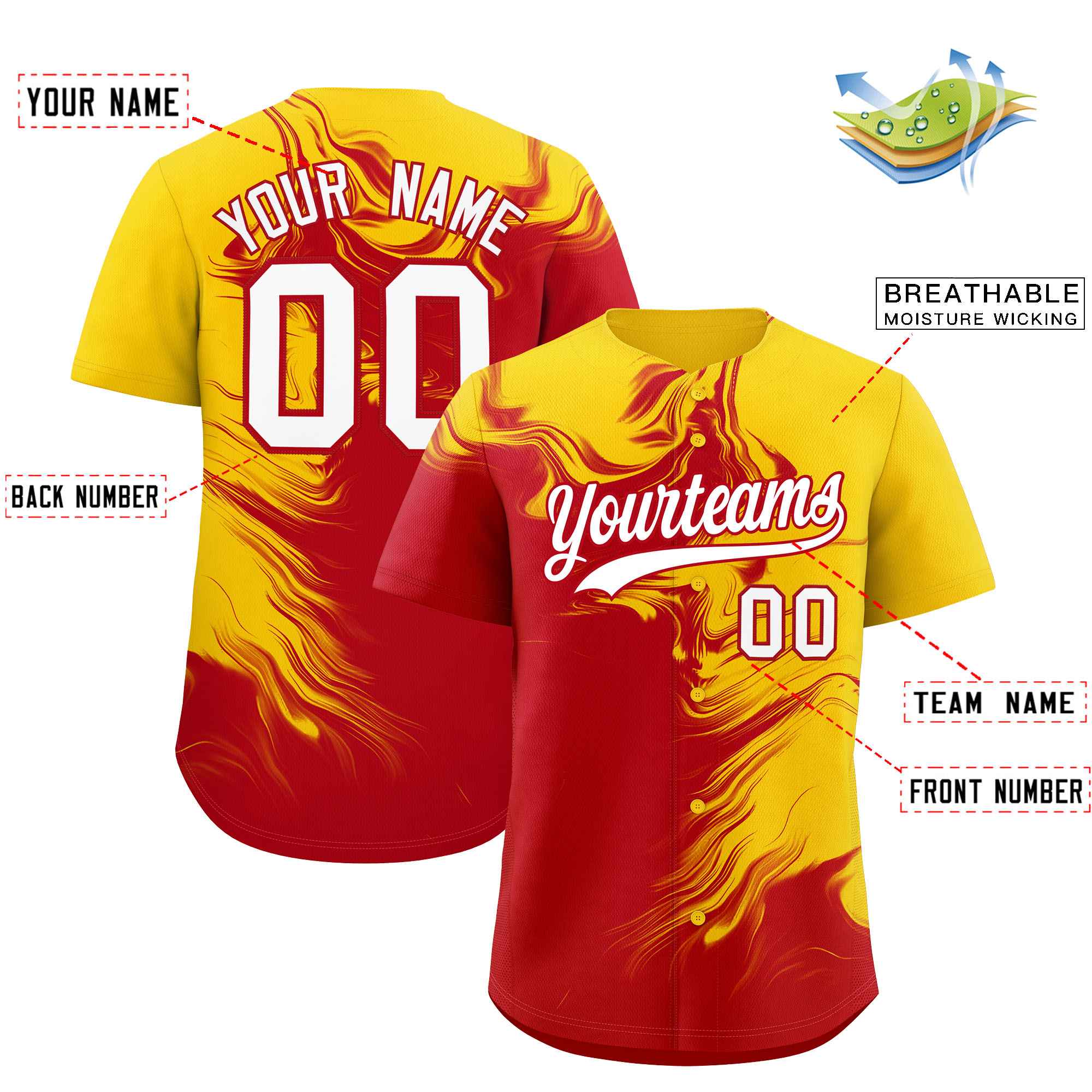 Custom Gold Red Personalized Ink Pattern Authentic Baseball Jersey