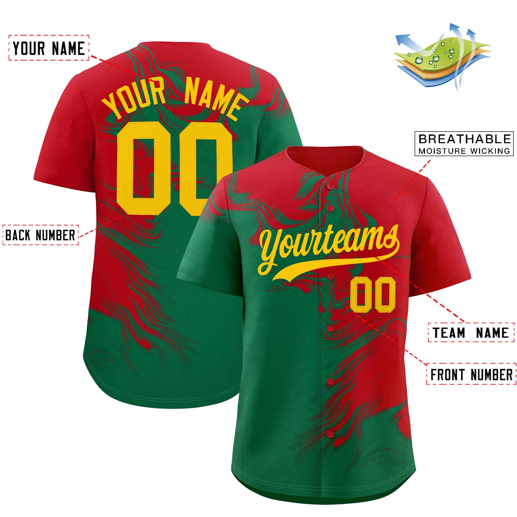 Custom Red Kelly Green Personalized Ink Pattern Authentic Baseball Jersey