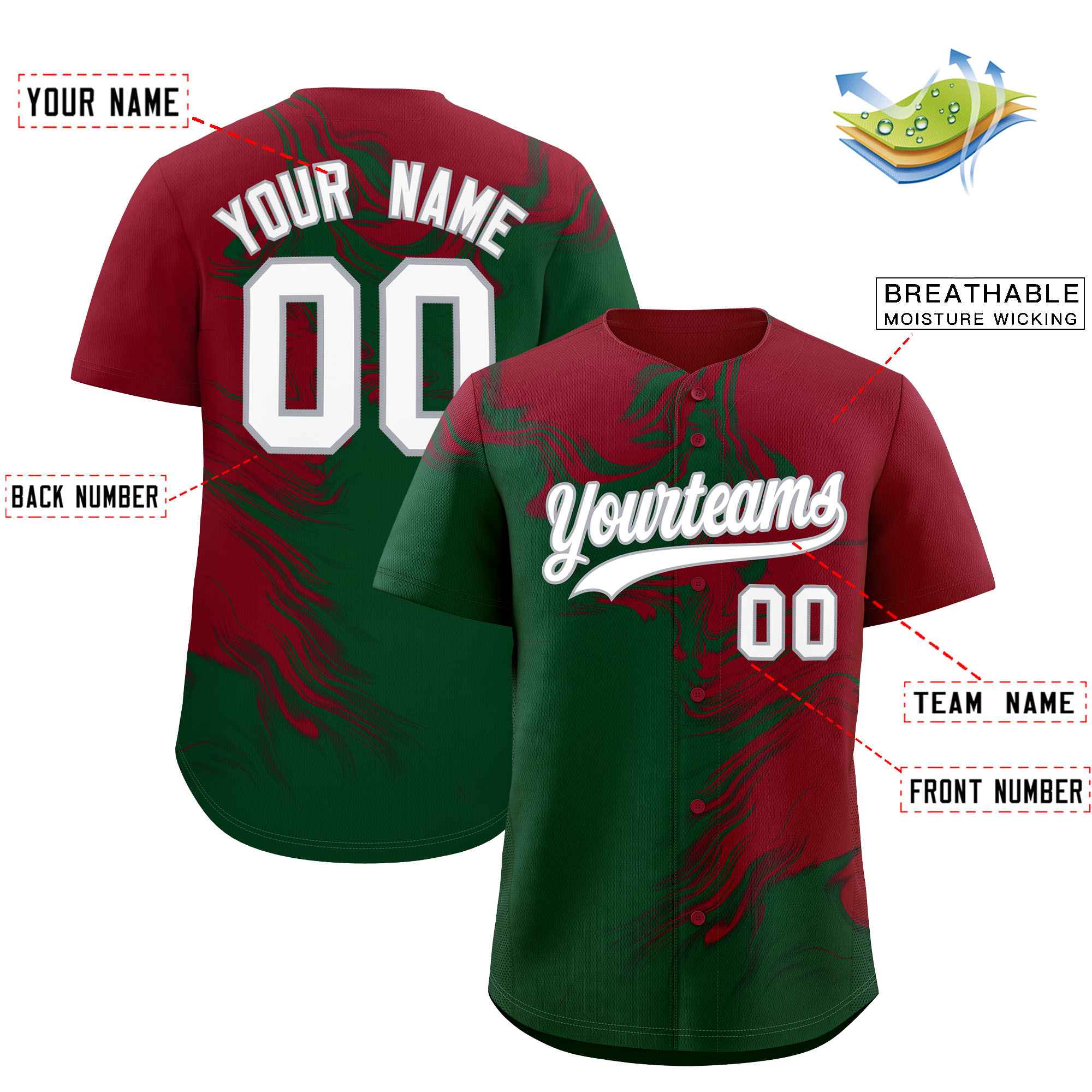 Custom Crimson Green Personalized Ink Pattern Authentic Baseball Jersey