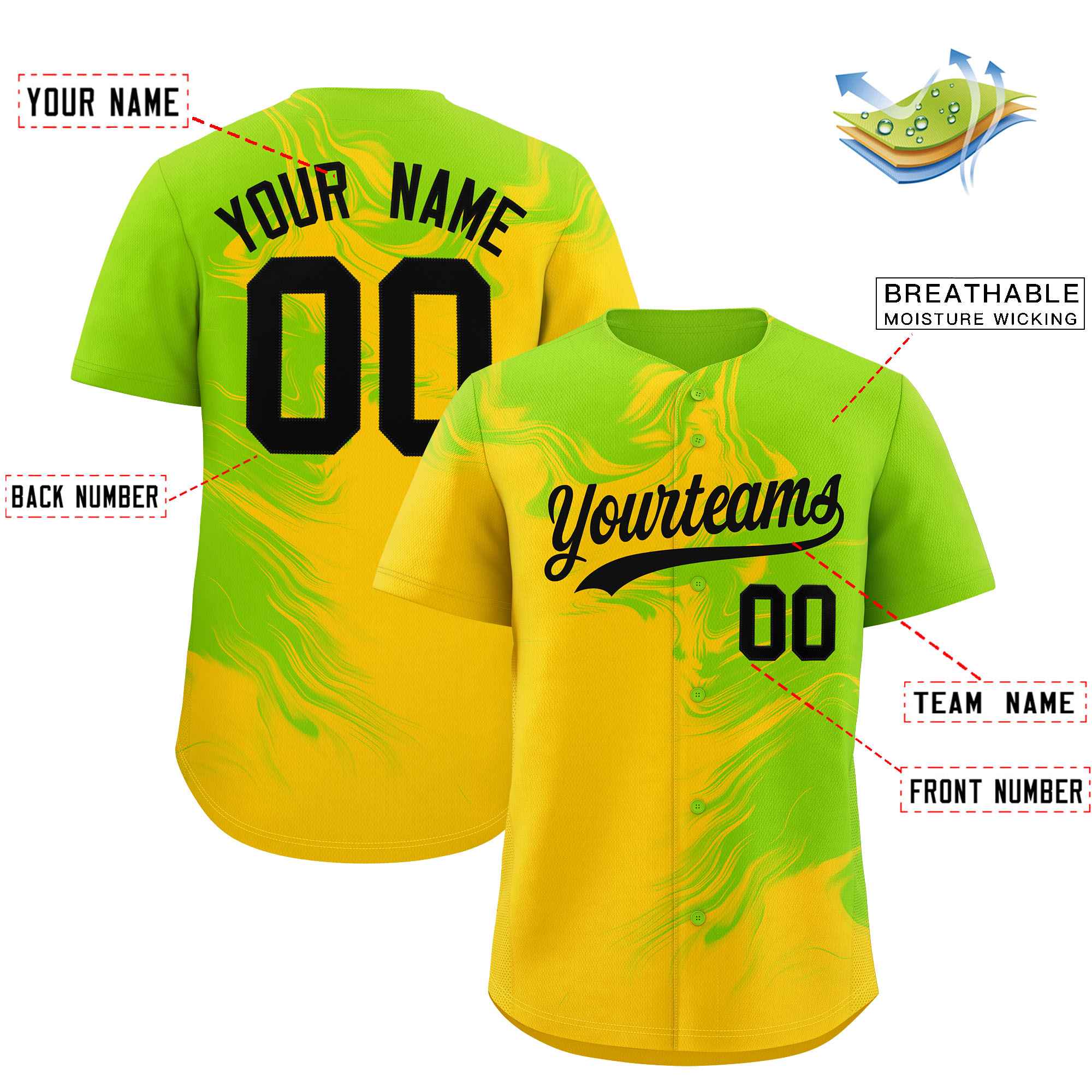 Custom Neon Green Gold Personalized Ink Pattern Authentic Baseball Jersey