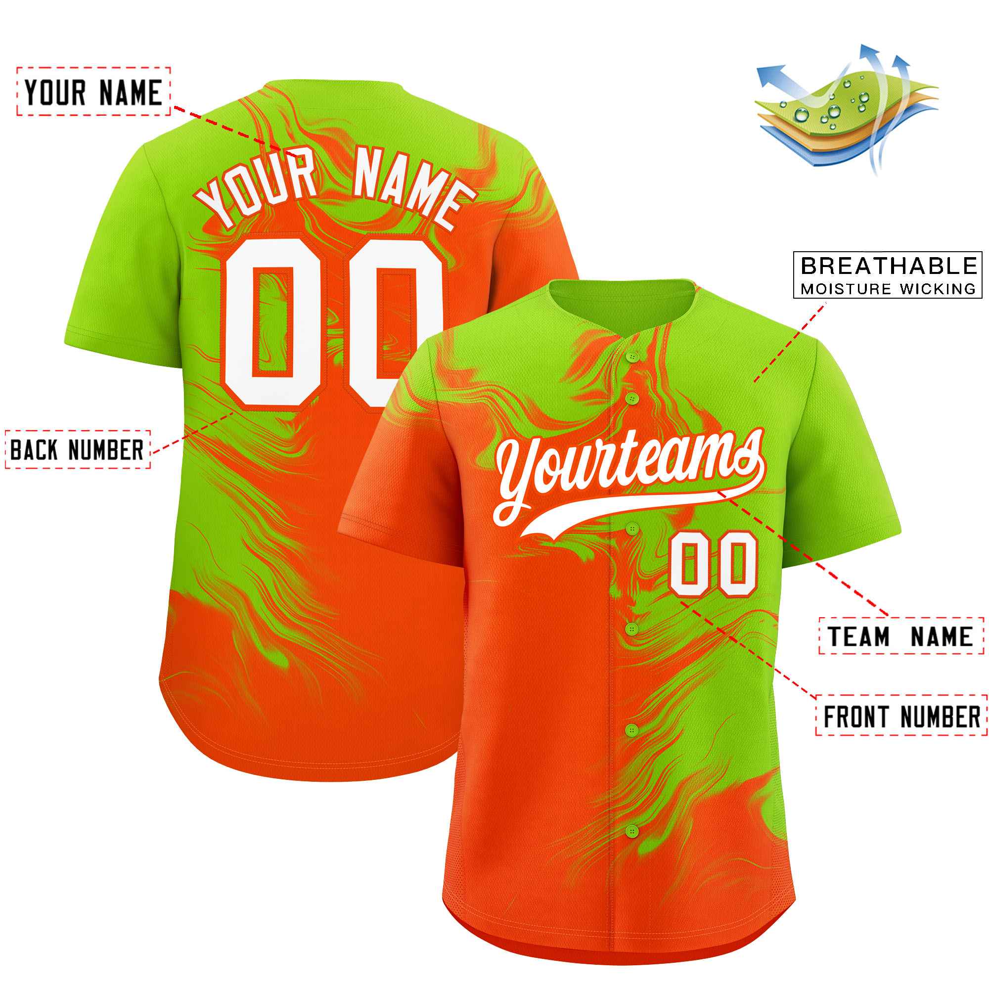 Custom Neon Green Orange Personalized Ink Pattern Authentic Baseball Jersey