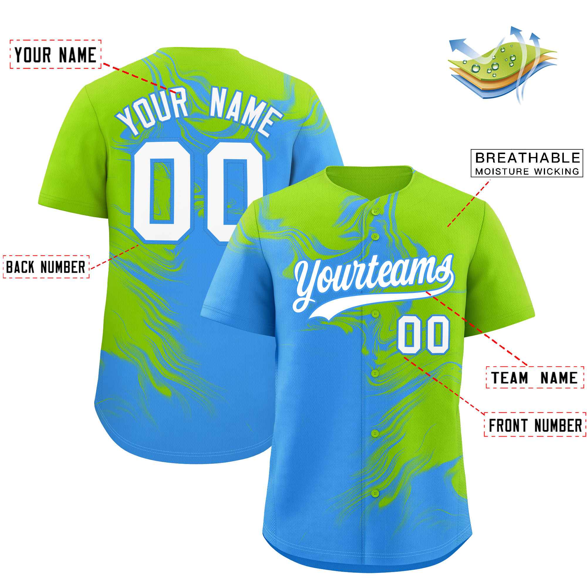 Custom Neon Green Powder Blue Personalized Ink Pattern Authentic Baseball Jersey