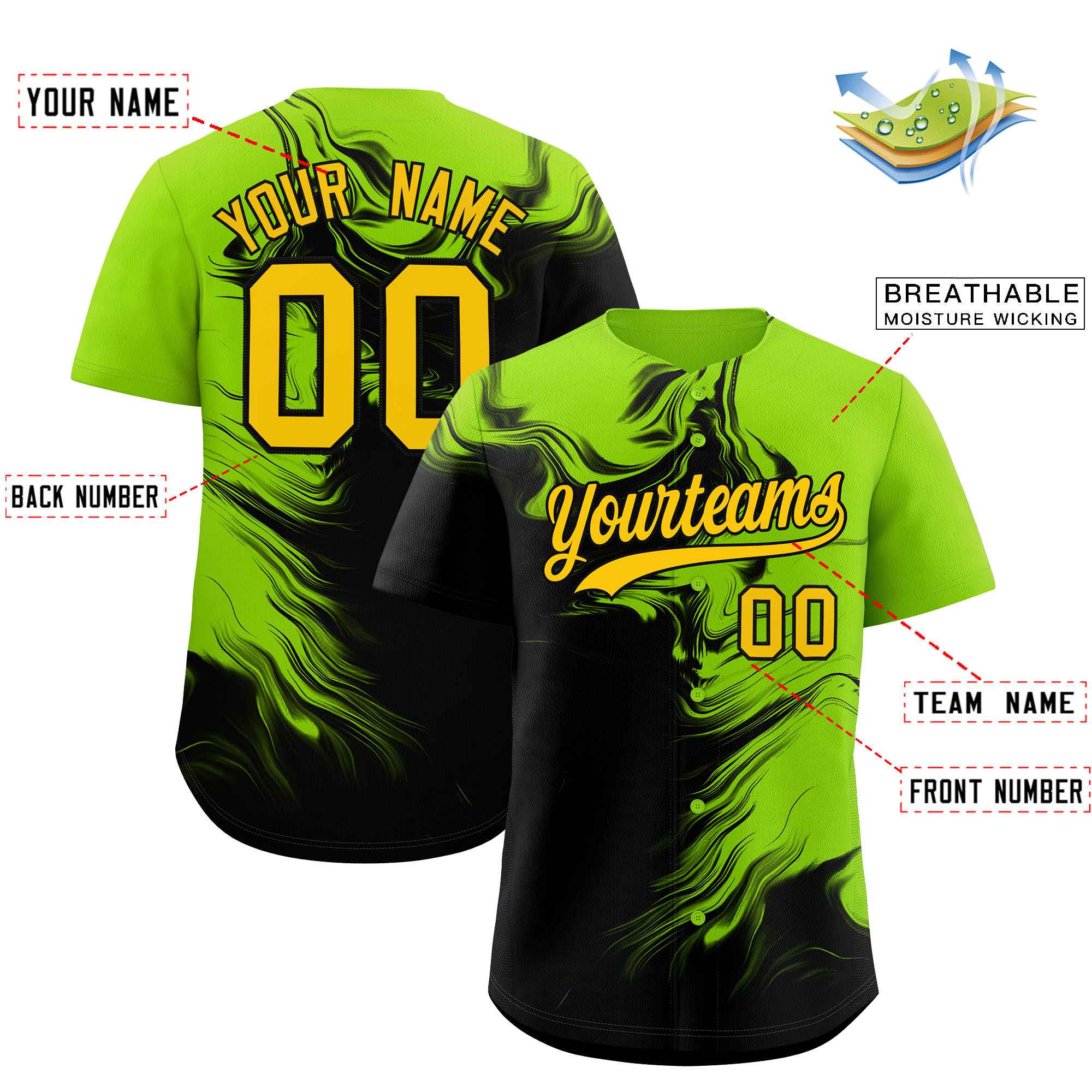 Custom Neon Green Black Personalized Ink Pattern Authentic Baseball Jersey