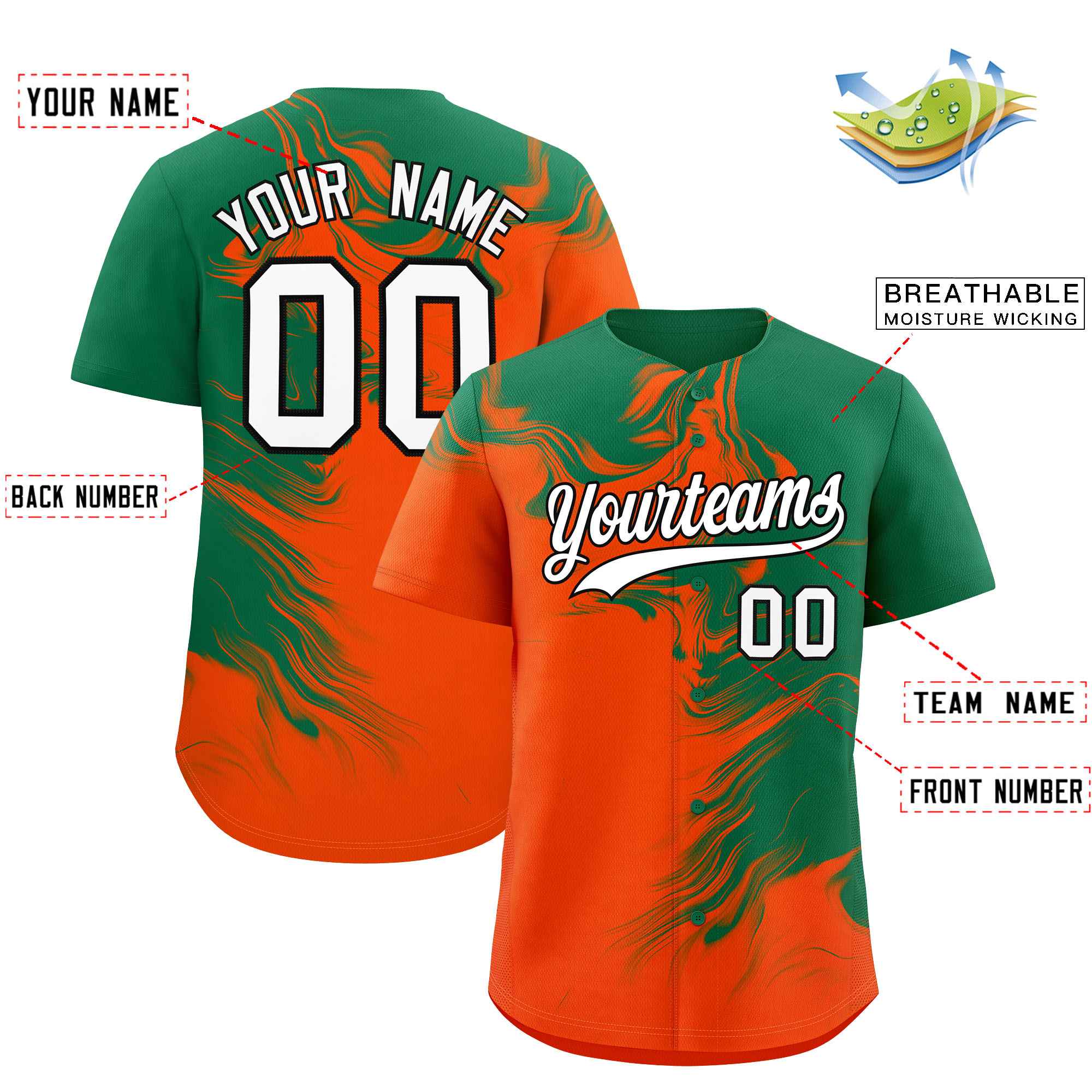 Custom Kelly Green Orange Personalized Ink Pattern Authentic Baseball Jersey