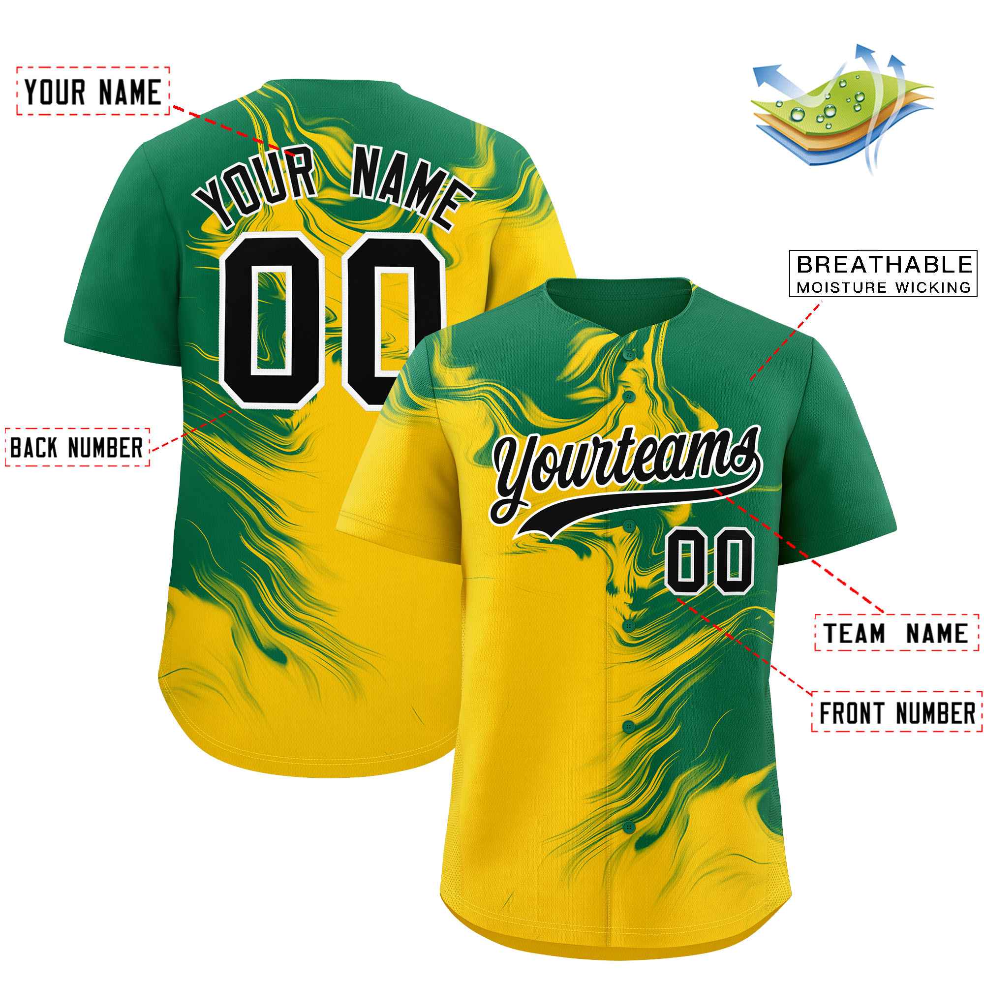 Custom Kelly Green Gold Personalized Ink Pattern Authentic Baseball Jersey