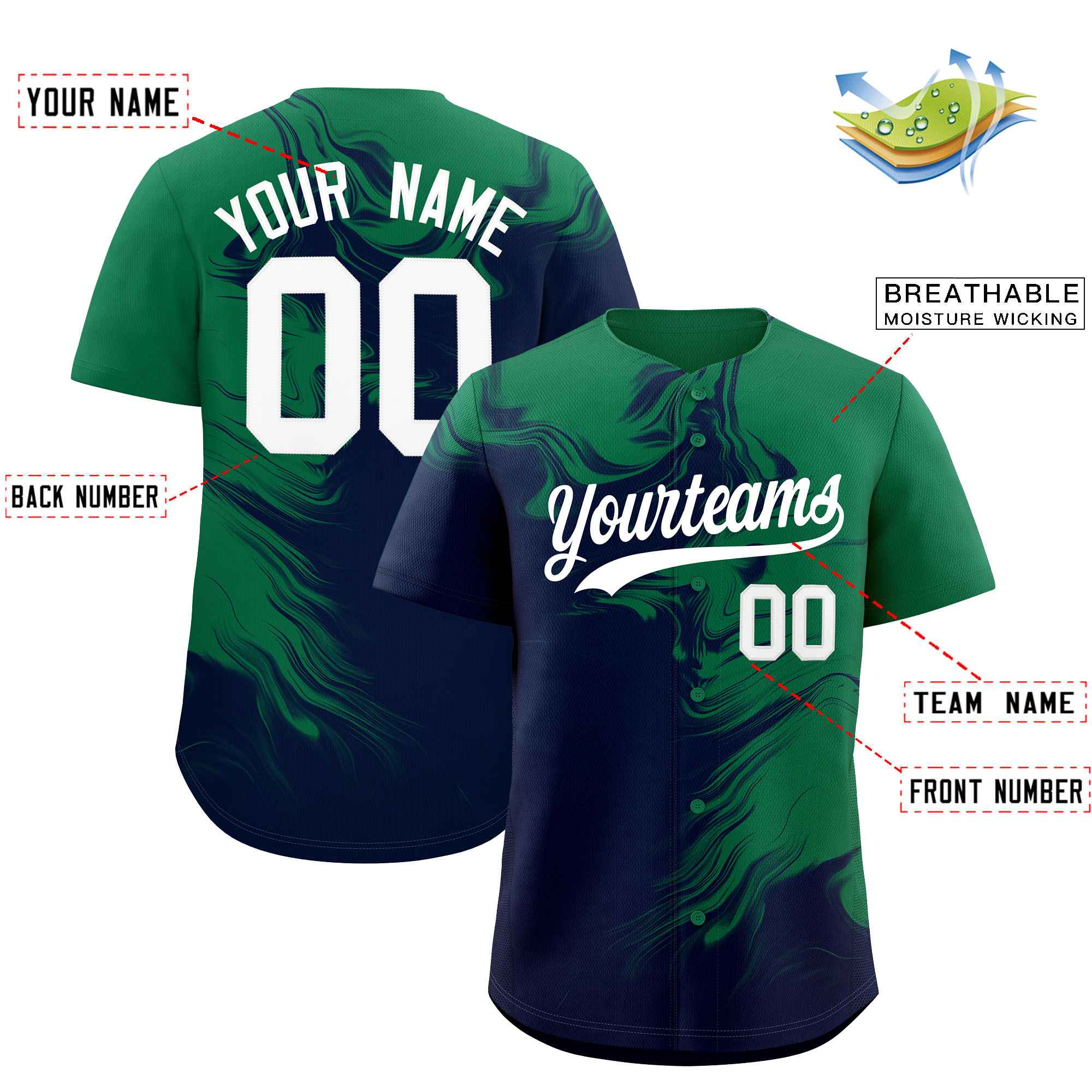 Custom Kelly Green Navy Personalized Ink Pattern Authentic Baseball Jersey