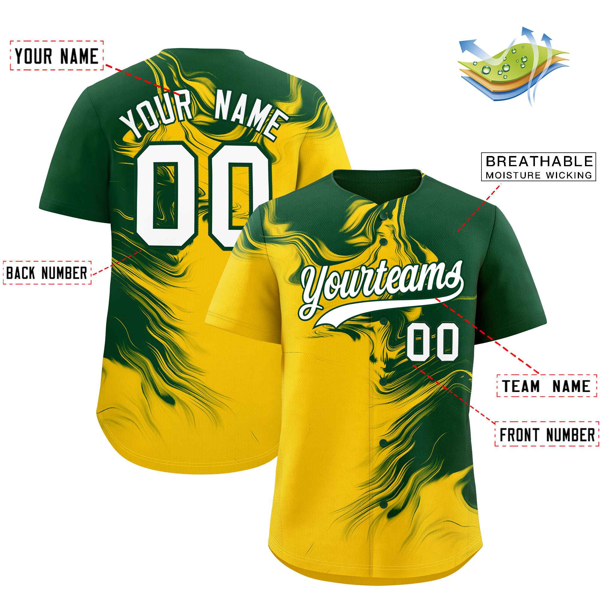 Custom Green Gold Personalized Ink Pattern Authentic Baseball Jersey