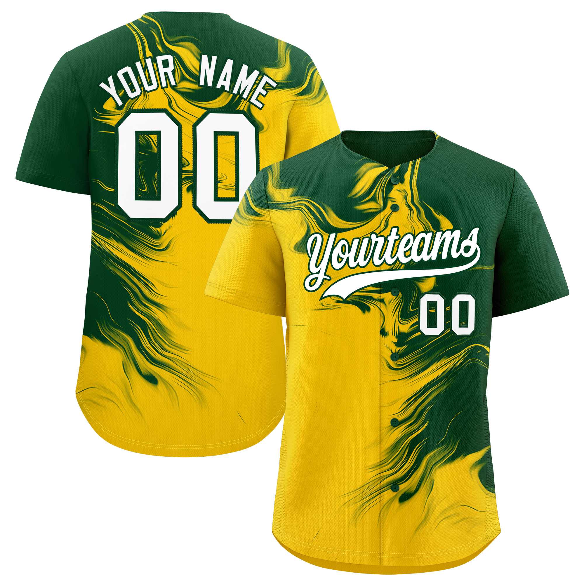 Custom Green Gold Personalized Ink Pattern Authentic Baseball Jersey