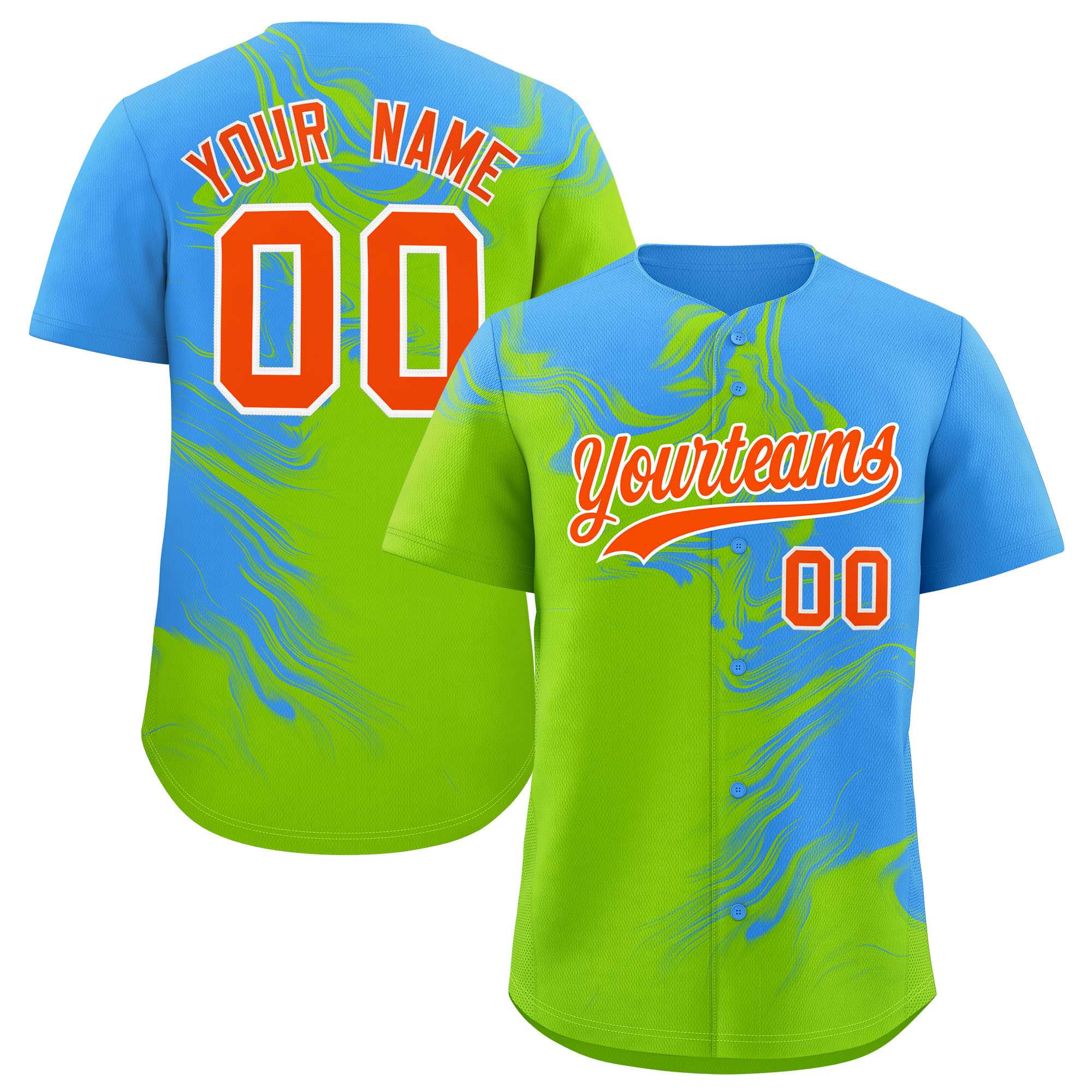 Custom Powder Blue Neon Green Personalized Ink Pattern Authentic Baseball Jersey