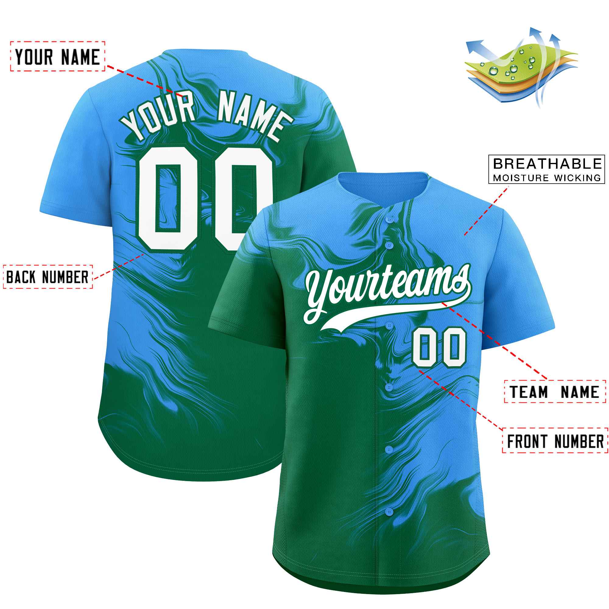 Custom Powder Blue Kelly Green Personalized Ink Pattern Authentic Baseball Jersey