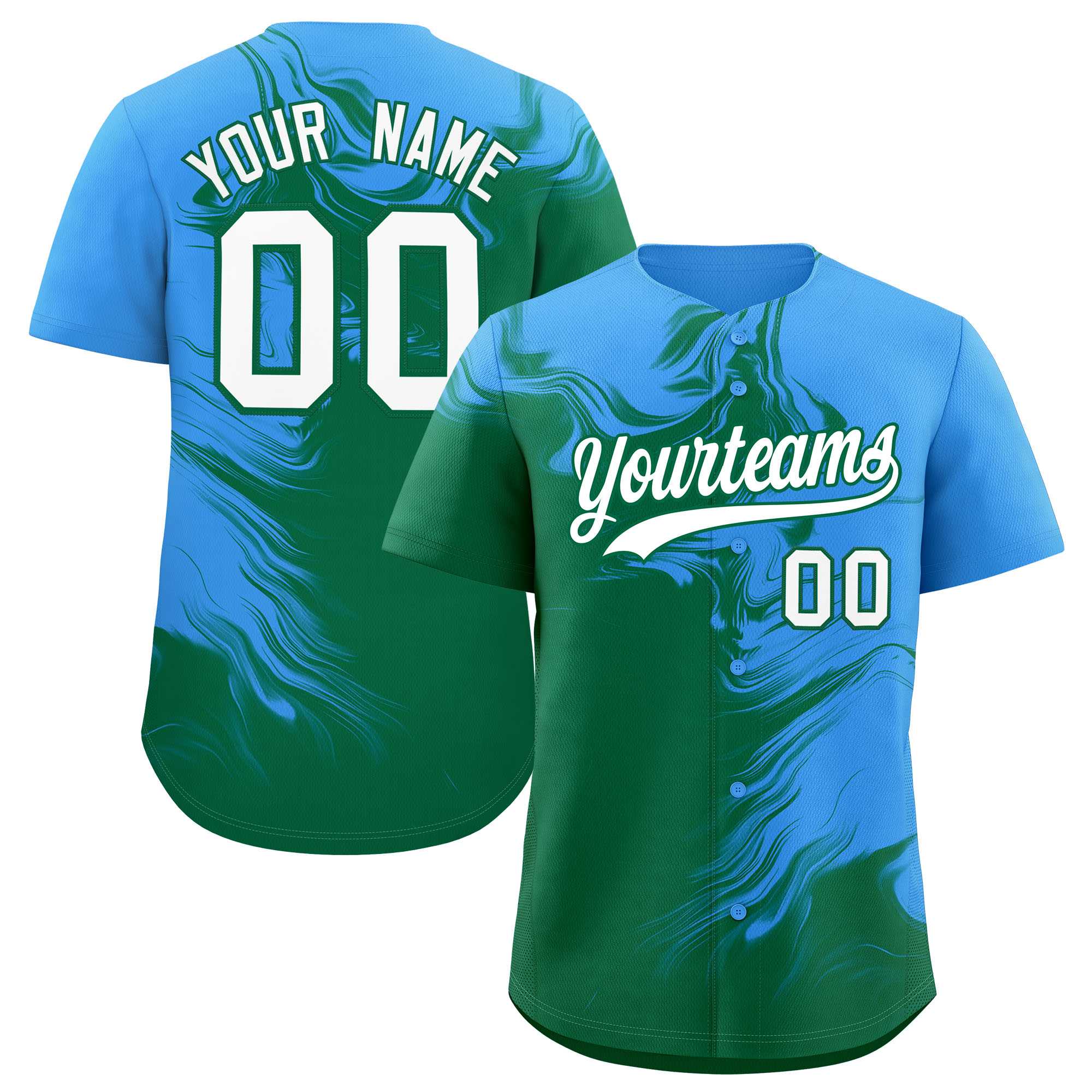 Custom Powder Blue Kelly Green Personalized Ink Pattern Authentic Baseball Jersey