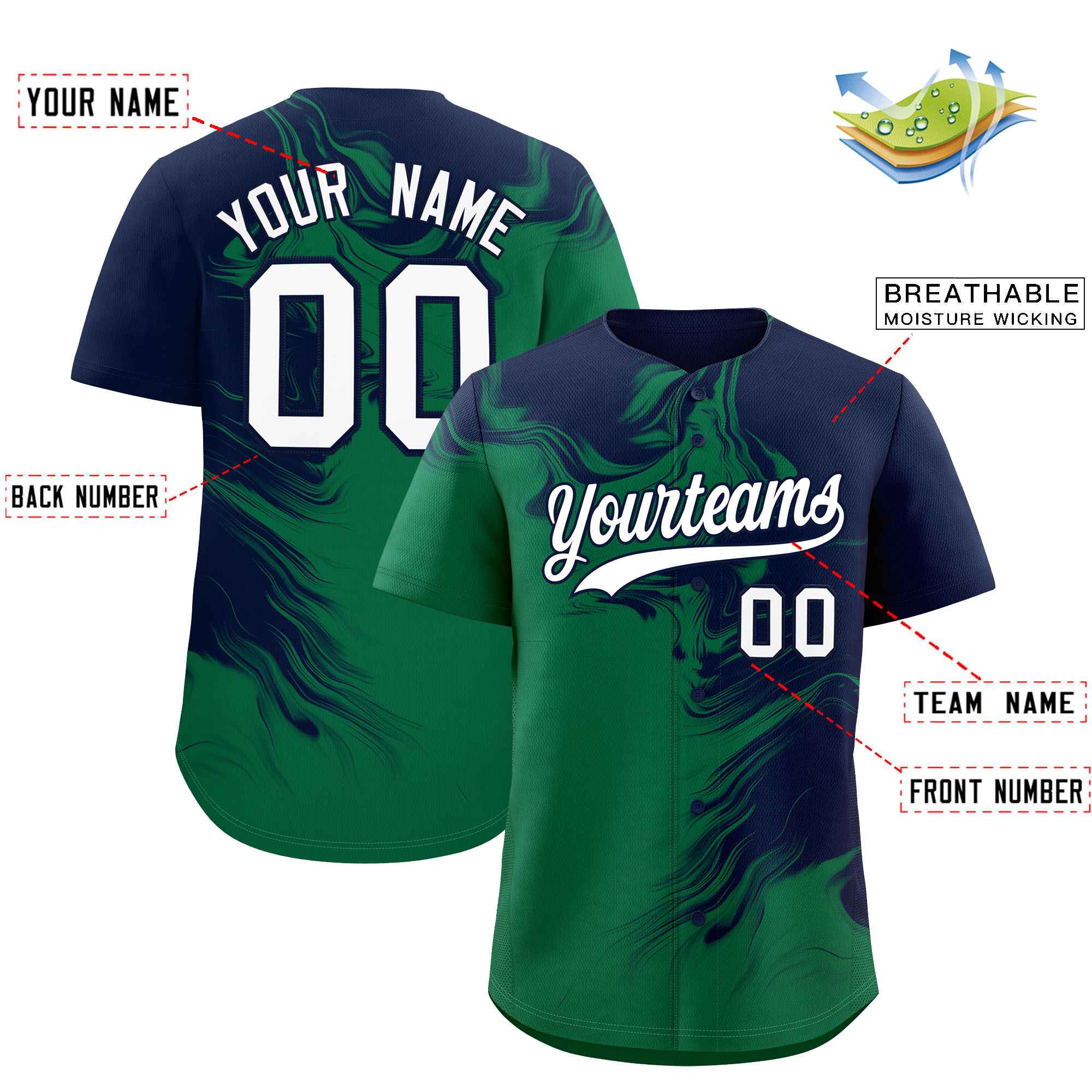 Custom Navy Kelly Green Personalized Ink Pattern Authentic Baseball Jersey