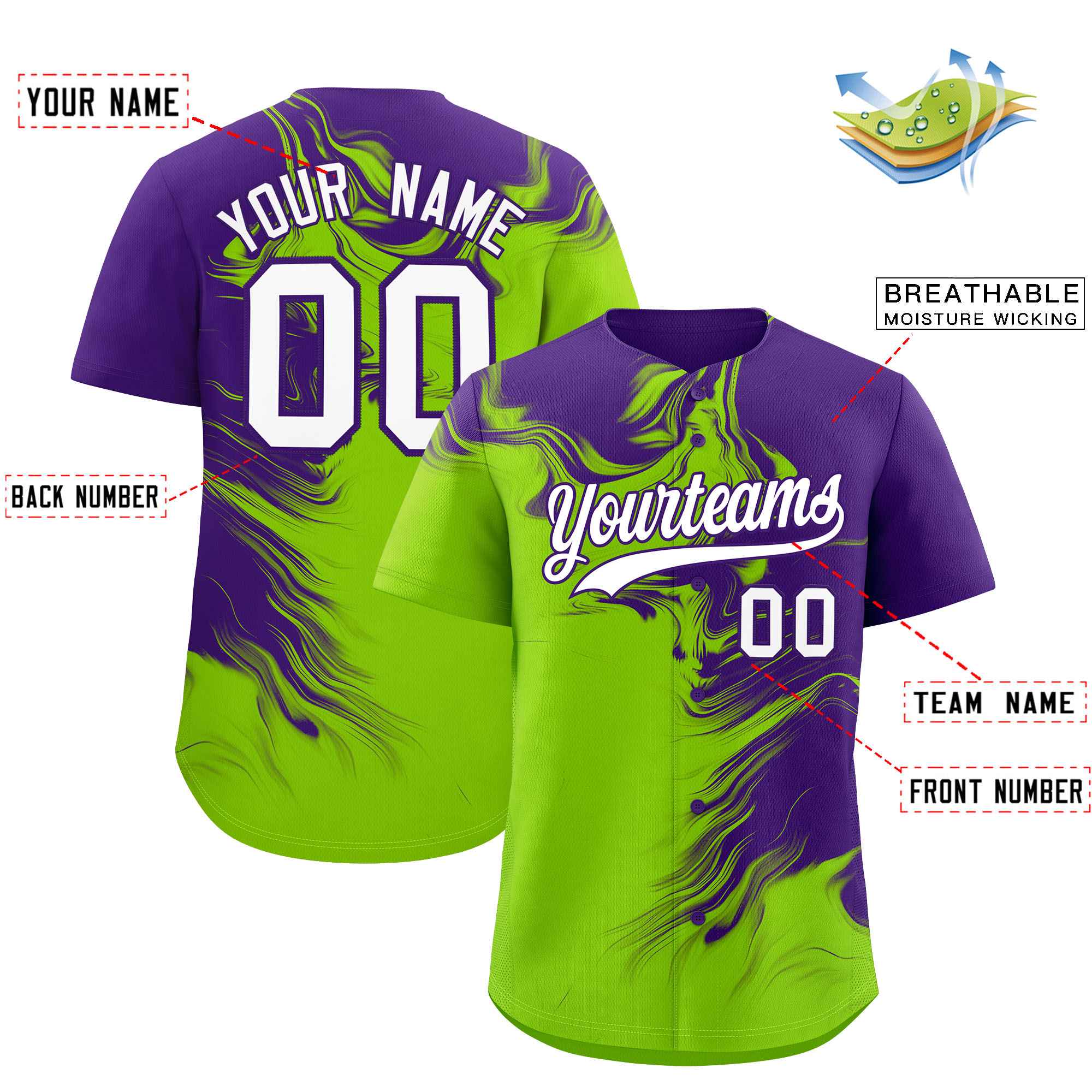 Custom Purple Neon Green Personalized Ink Pattern Authentic Baseball Jersey