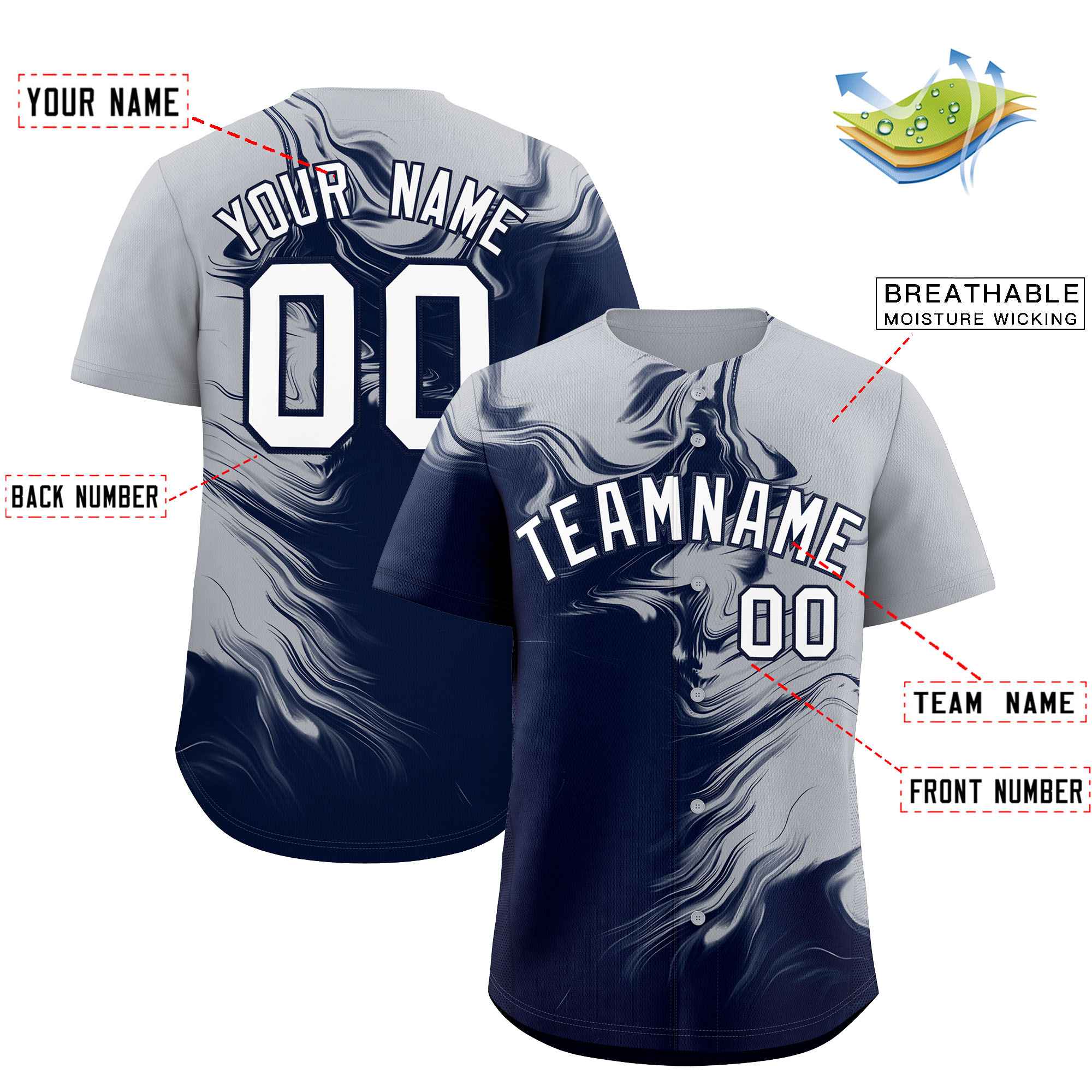 Custom Gray Navy Personalized Ink Pattern Authentic Baseball Jersey