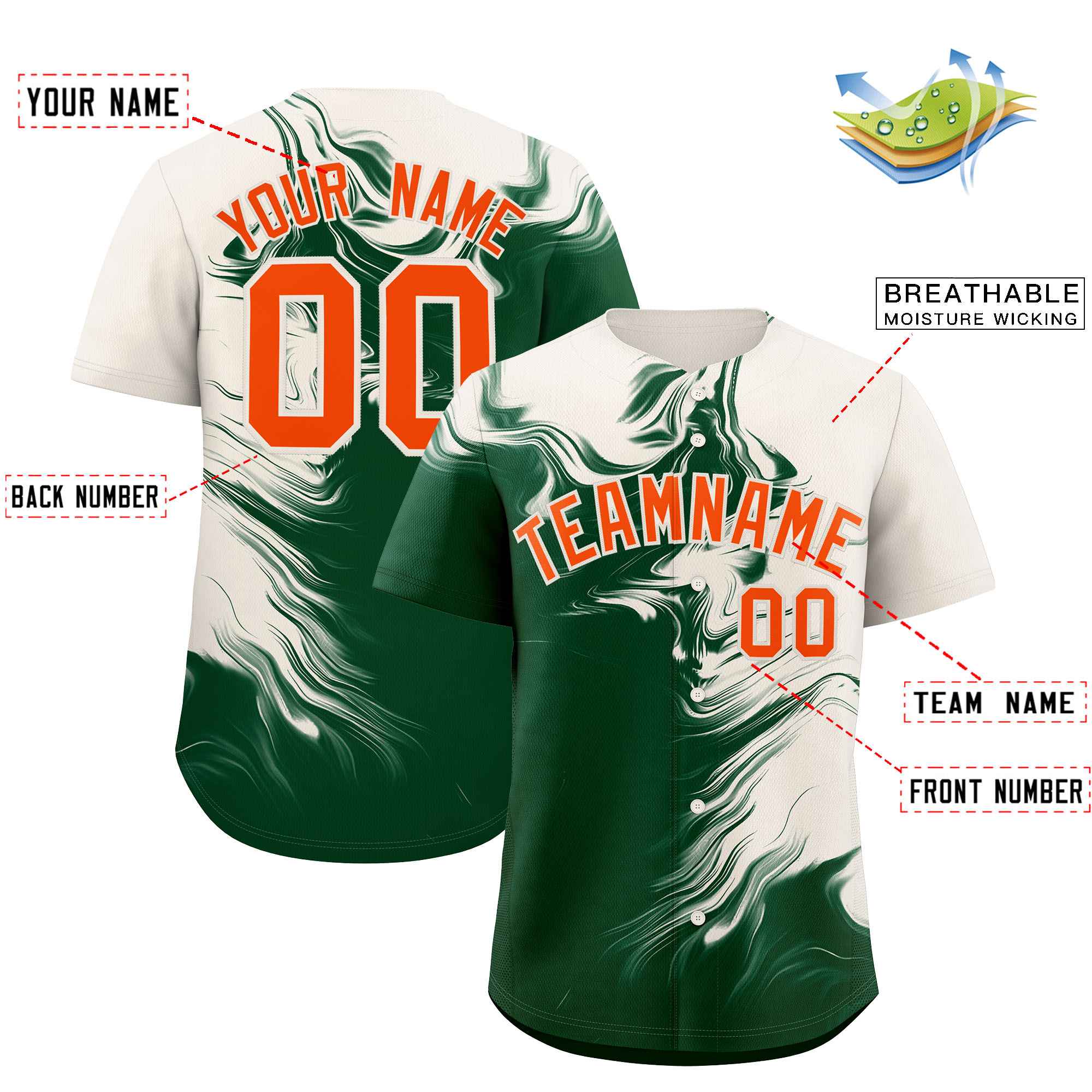 Custom Cream Green Personalized Ink Pattern Authentic Baseball Jersey