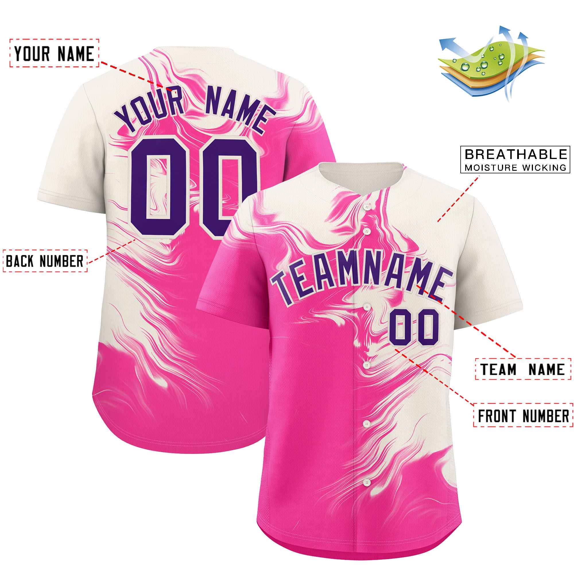 Custom Cream Pink Personalized Ink Pattern Authentic Baseball Jersey