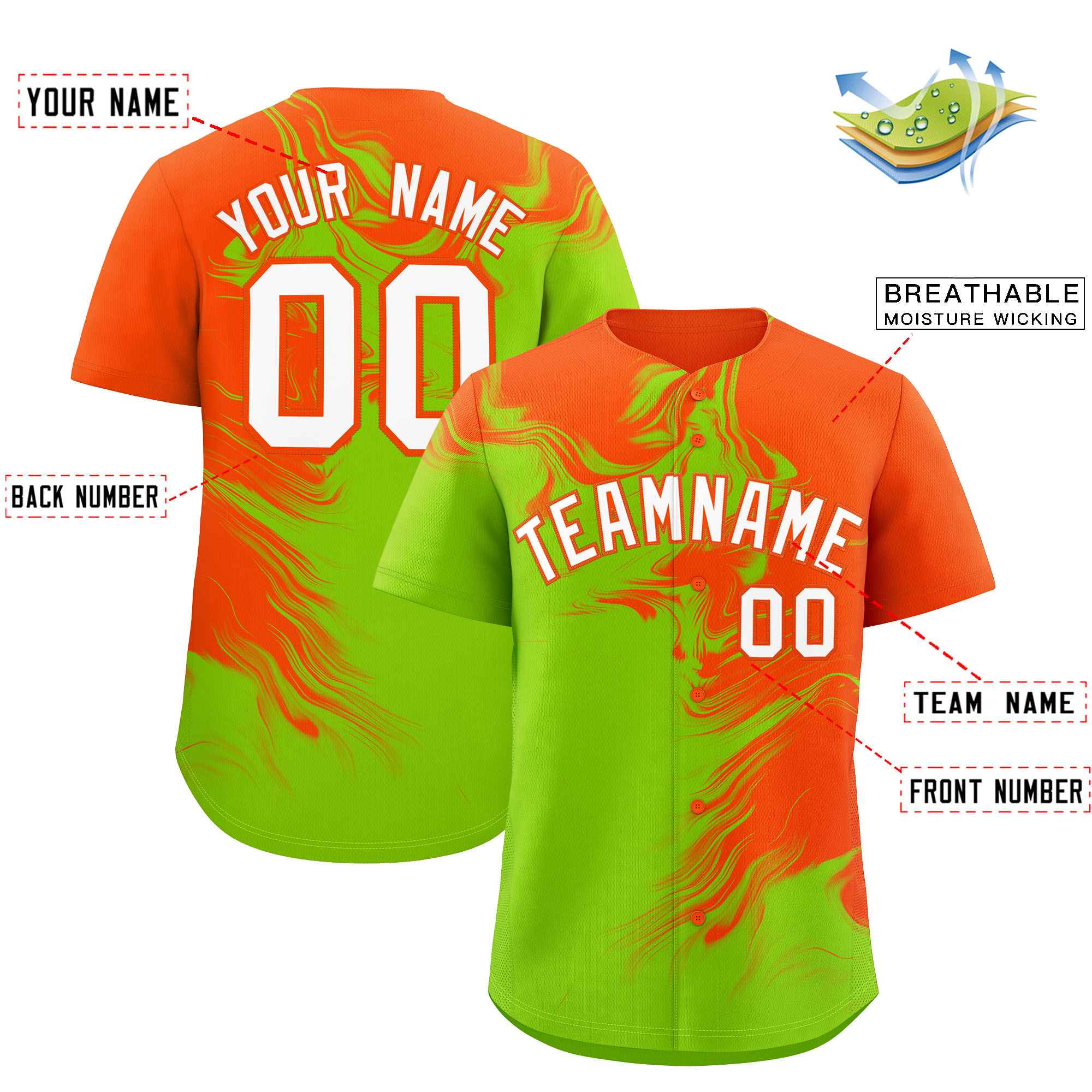 Custom Orange Neon Green Personalized Ink Pattern Authentic Baseball Jersey