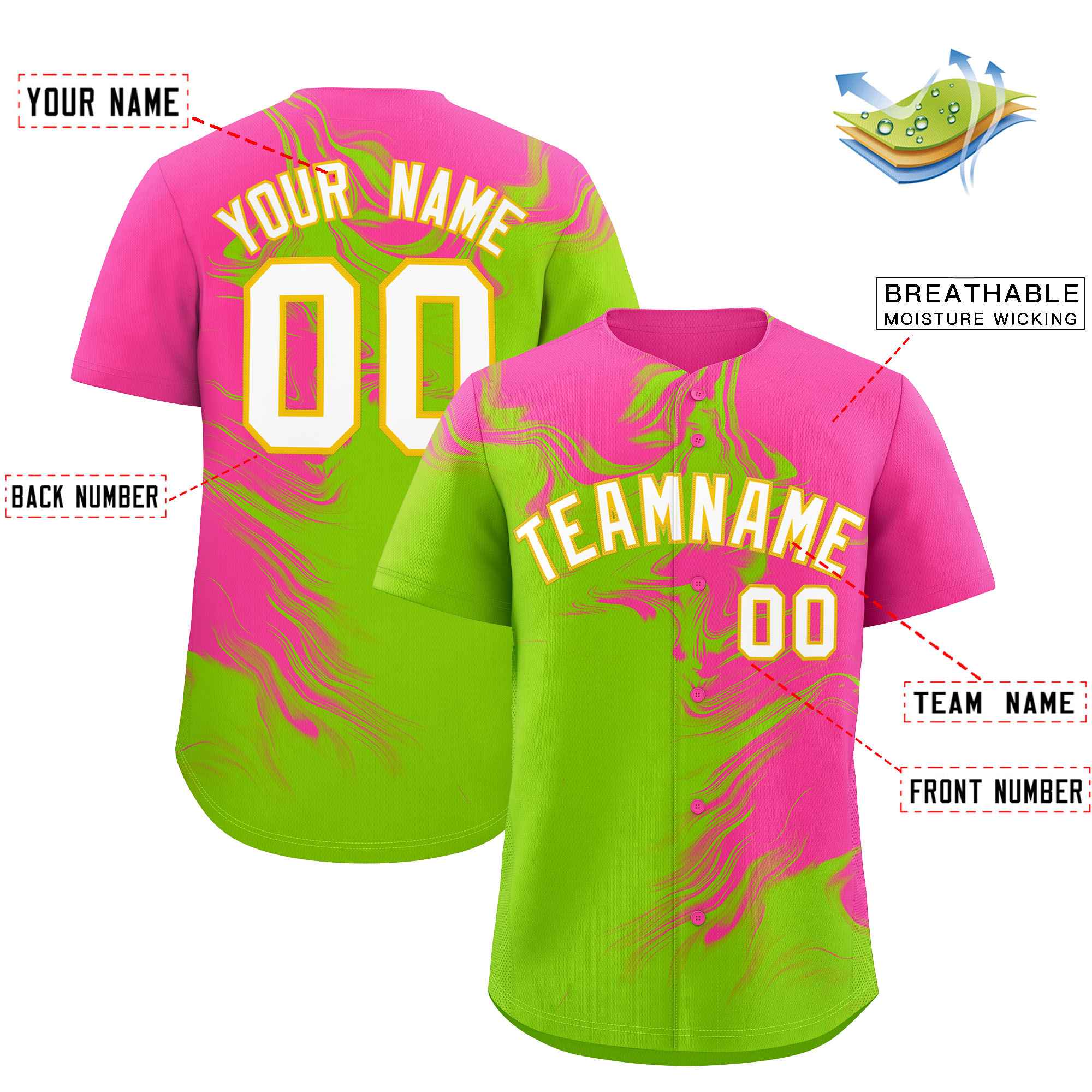 Custom Pink Neon Green Personalized Ink Pattern Authentic Baseball Jersey