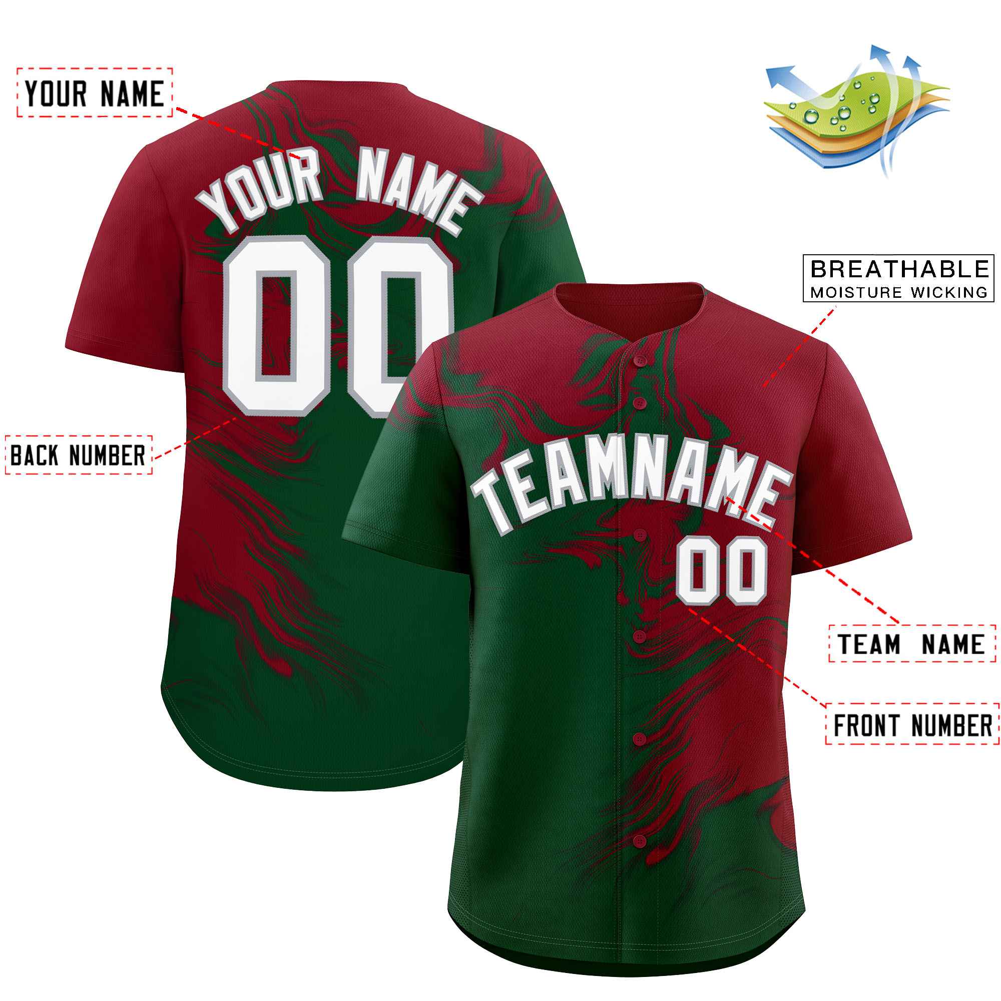 Custom Crimson Green Personalized Ink Pattern Authentic Baseball Jersey