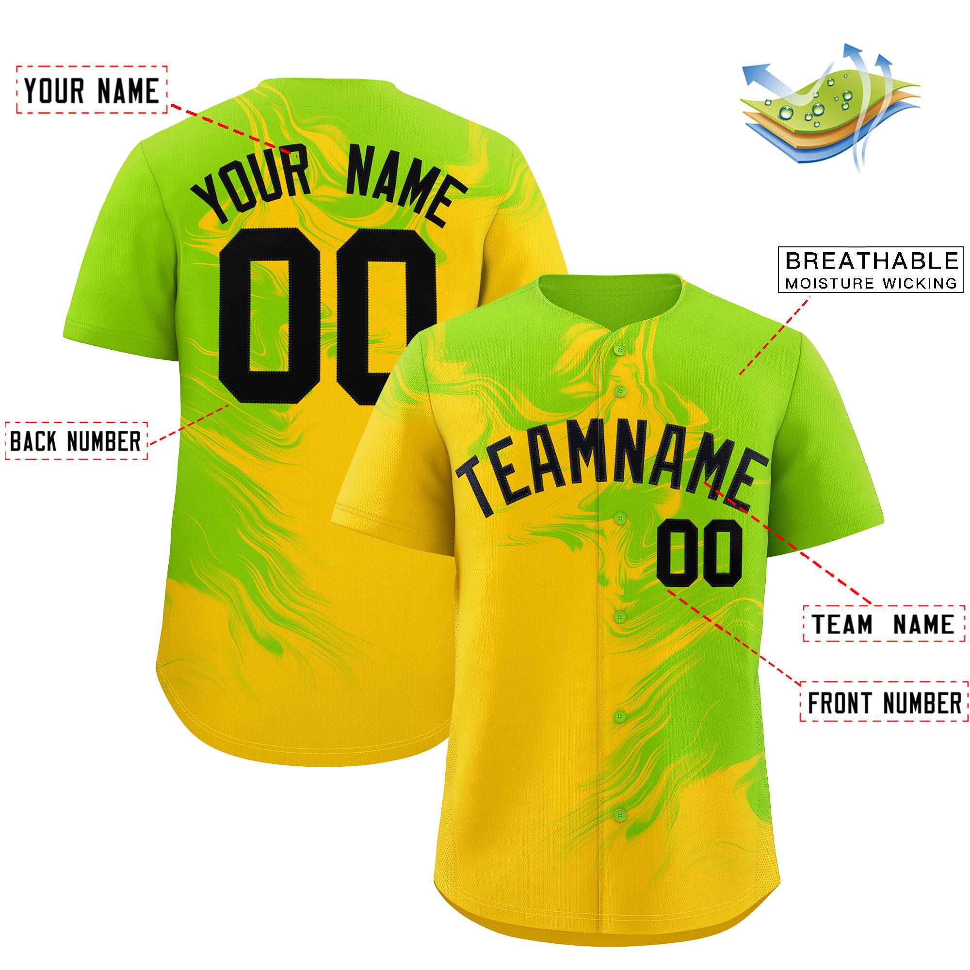 Custom Neon Green Gold Personalized Ink Pattern Authentic Baseball Jersey