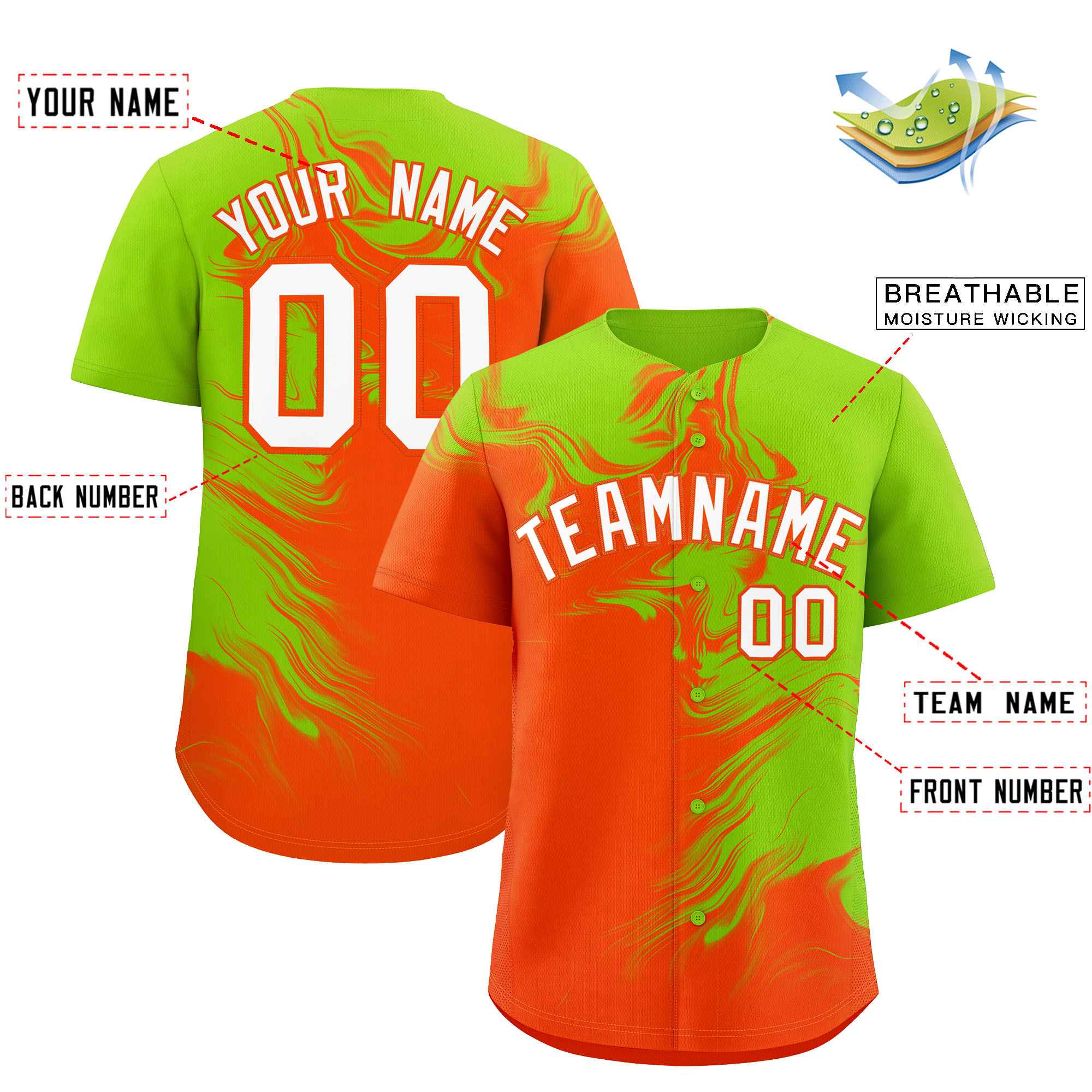 Custom Neon Green Orange Personalized Ink Pattern Authentic Baseball Jersey