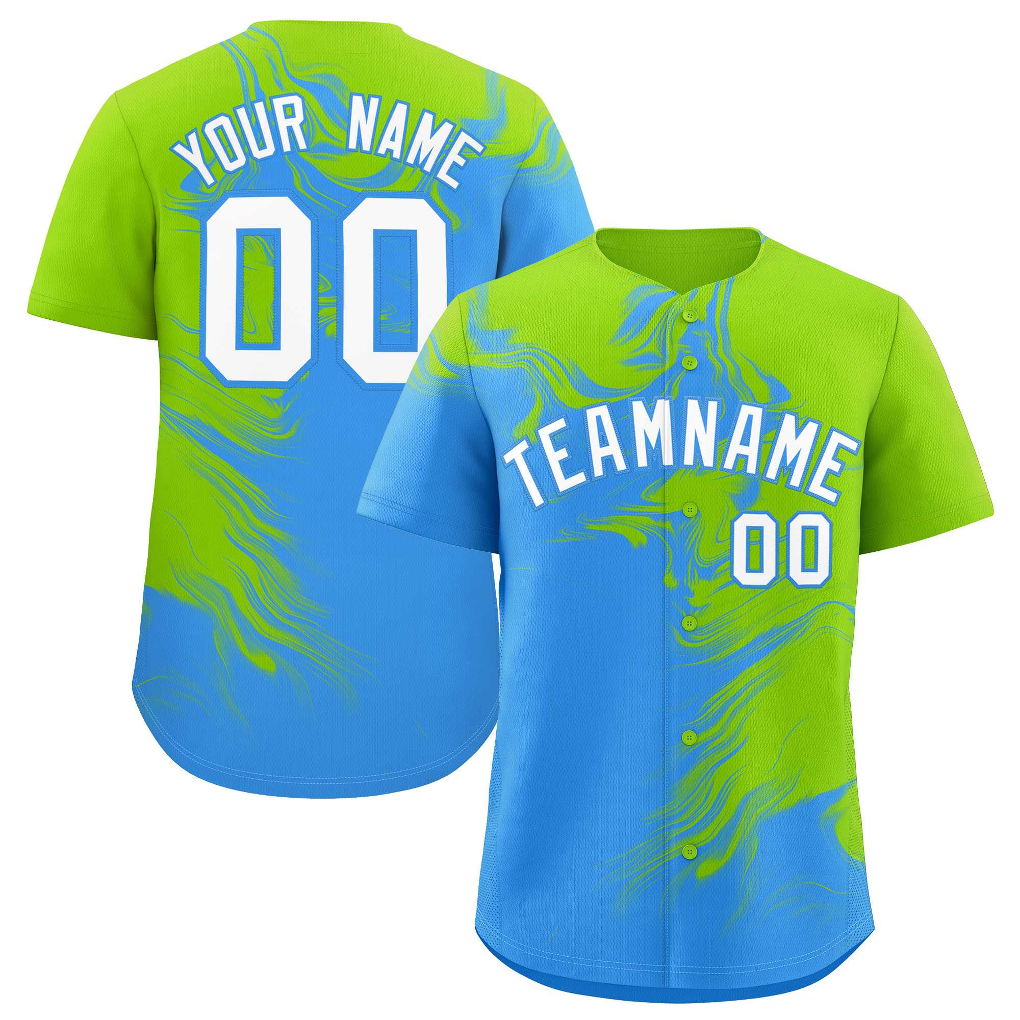 Custom Neon Green Powder Blue Personalized Ink Pattern Authentic Baseball Jersey