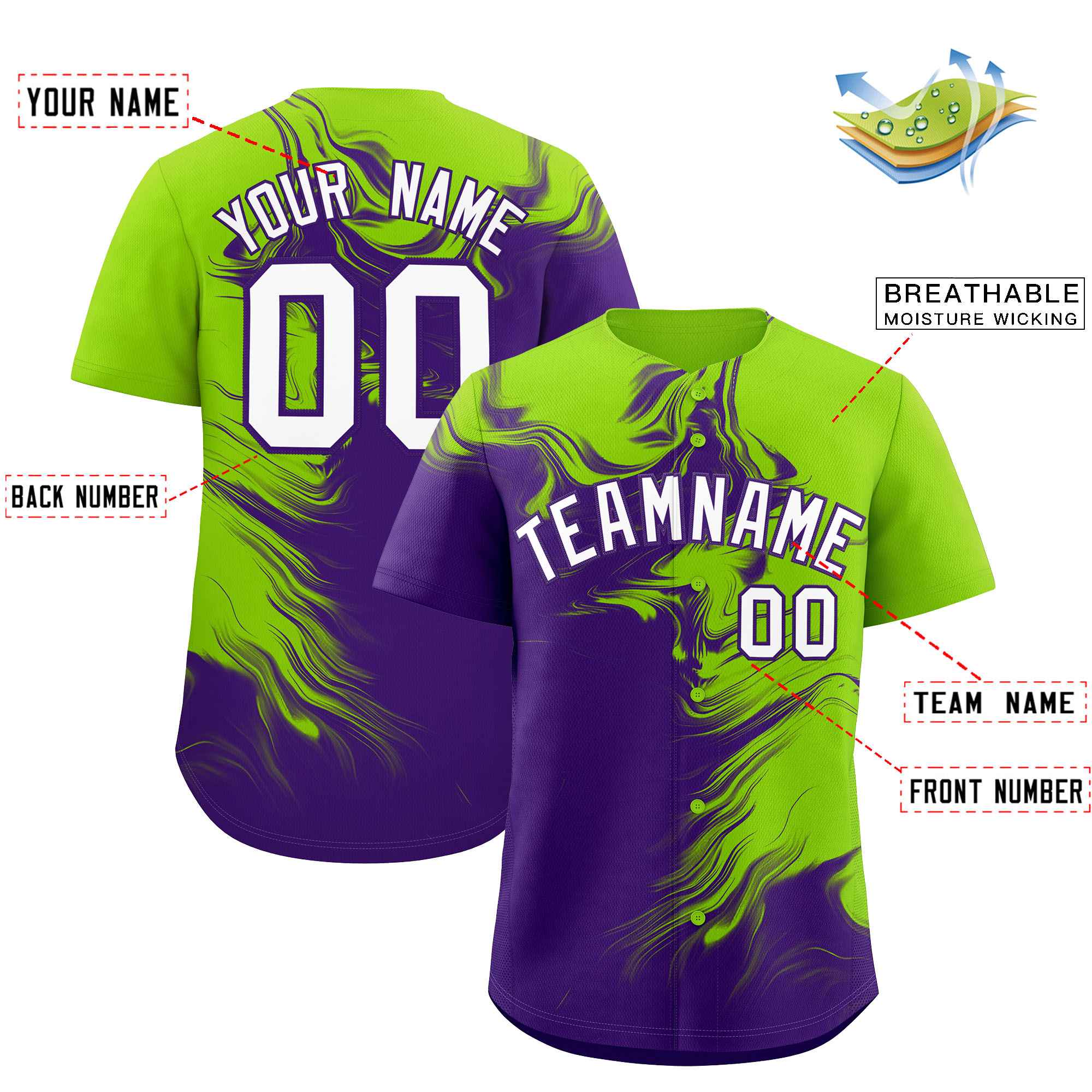 Custom Neon Green Purple Personalized Ink Pattern Authentic Baseball Jersey