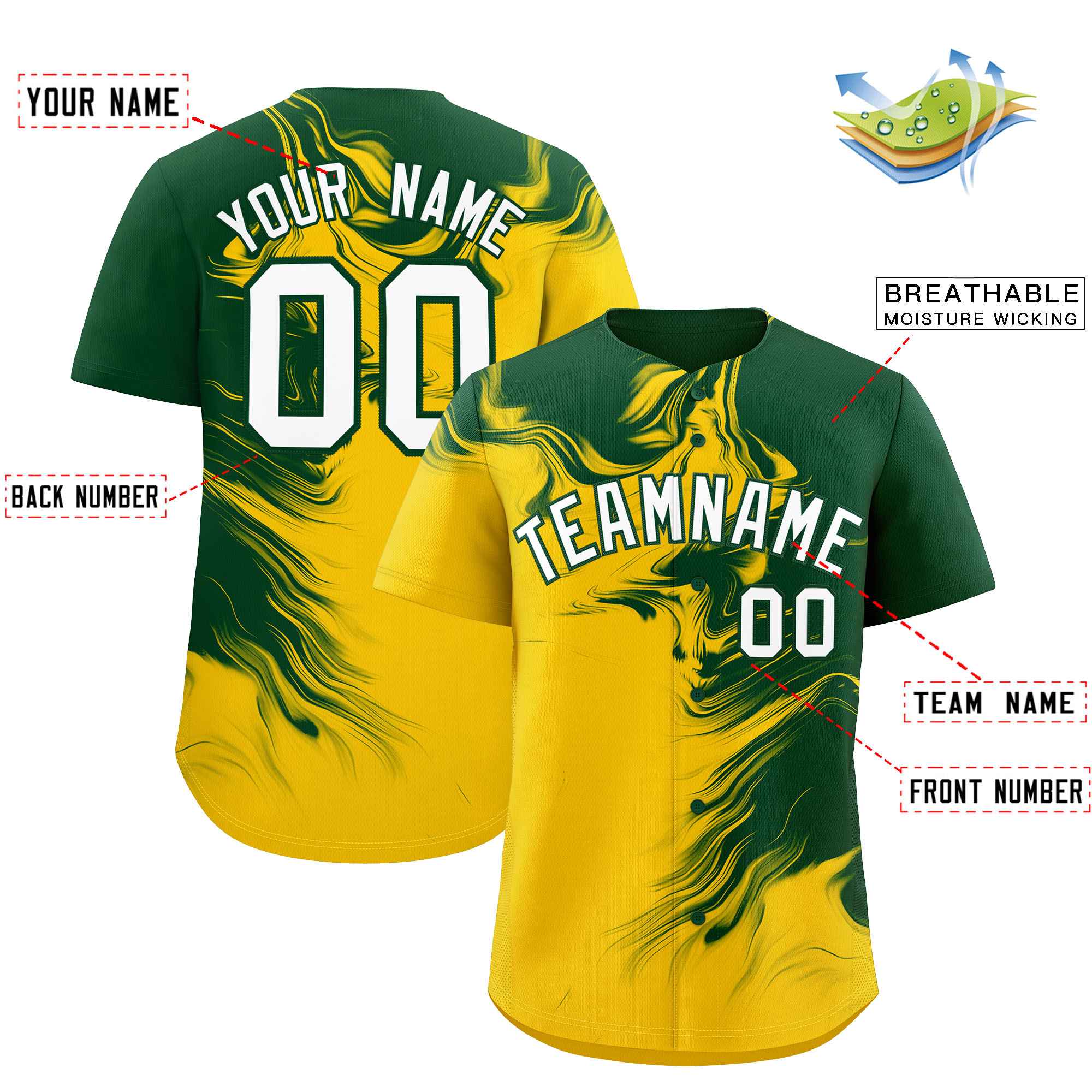 Custom Green Gold Personalized Ink Pattern Authentic Baseball Jersey