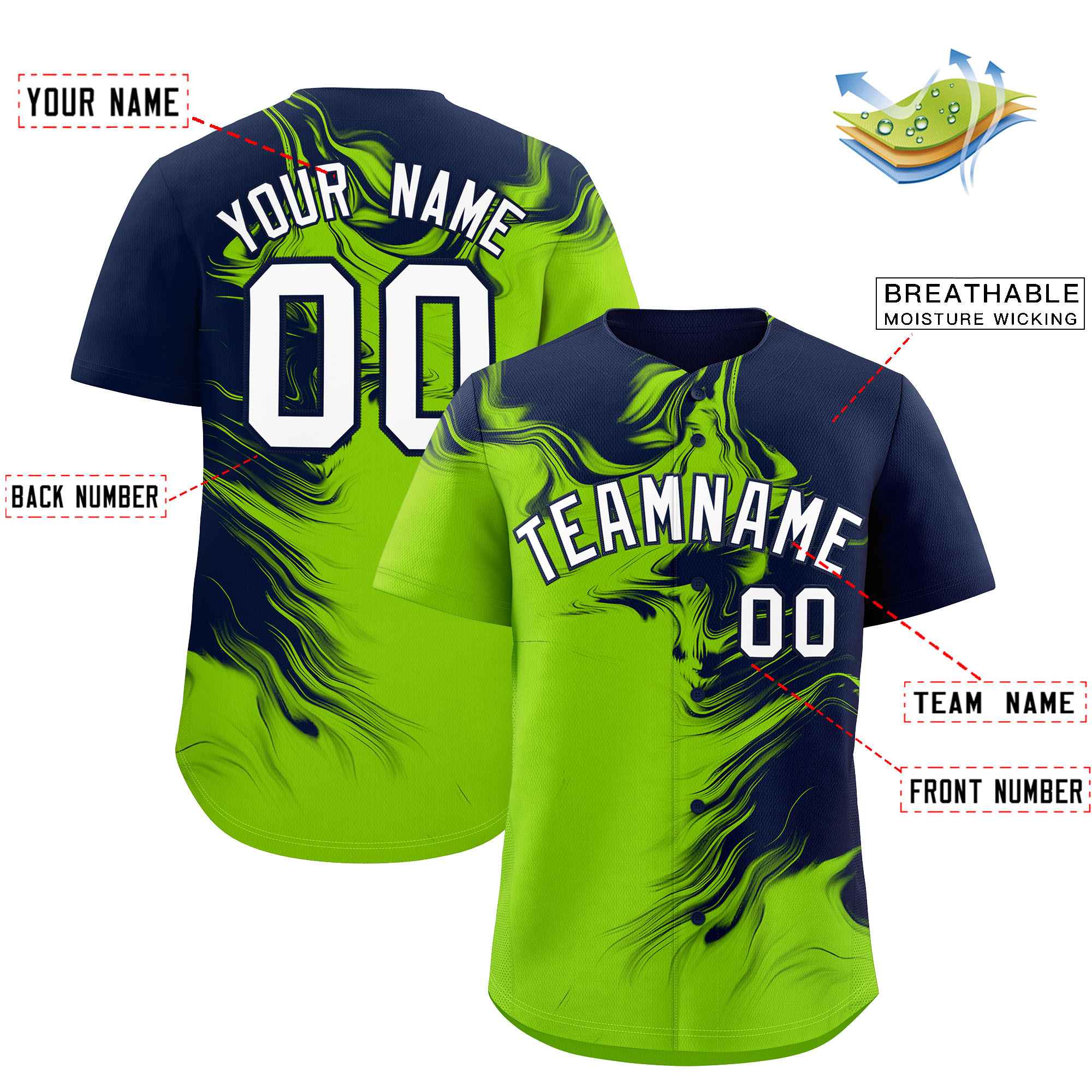 Custom Navy Neon Green Personalized Ink Pattern Authentic Baseball Jersey