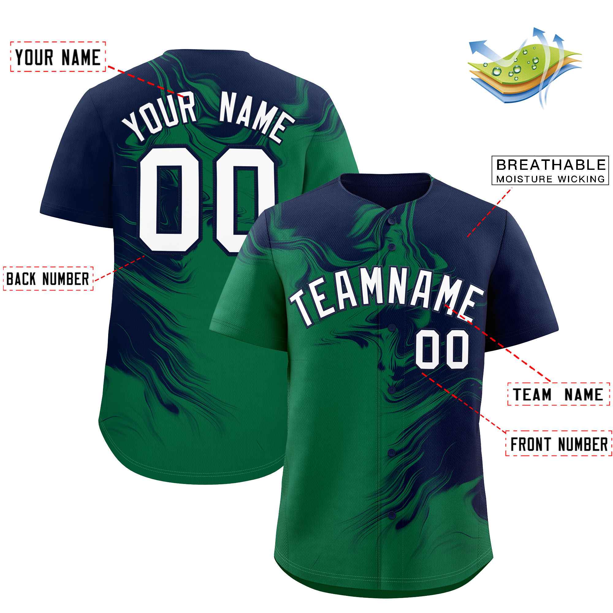 Custom Navy Kelly Green Personalized Ink Pattern Authentic Baseball Jersey