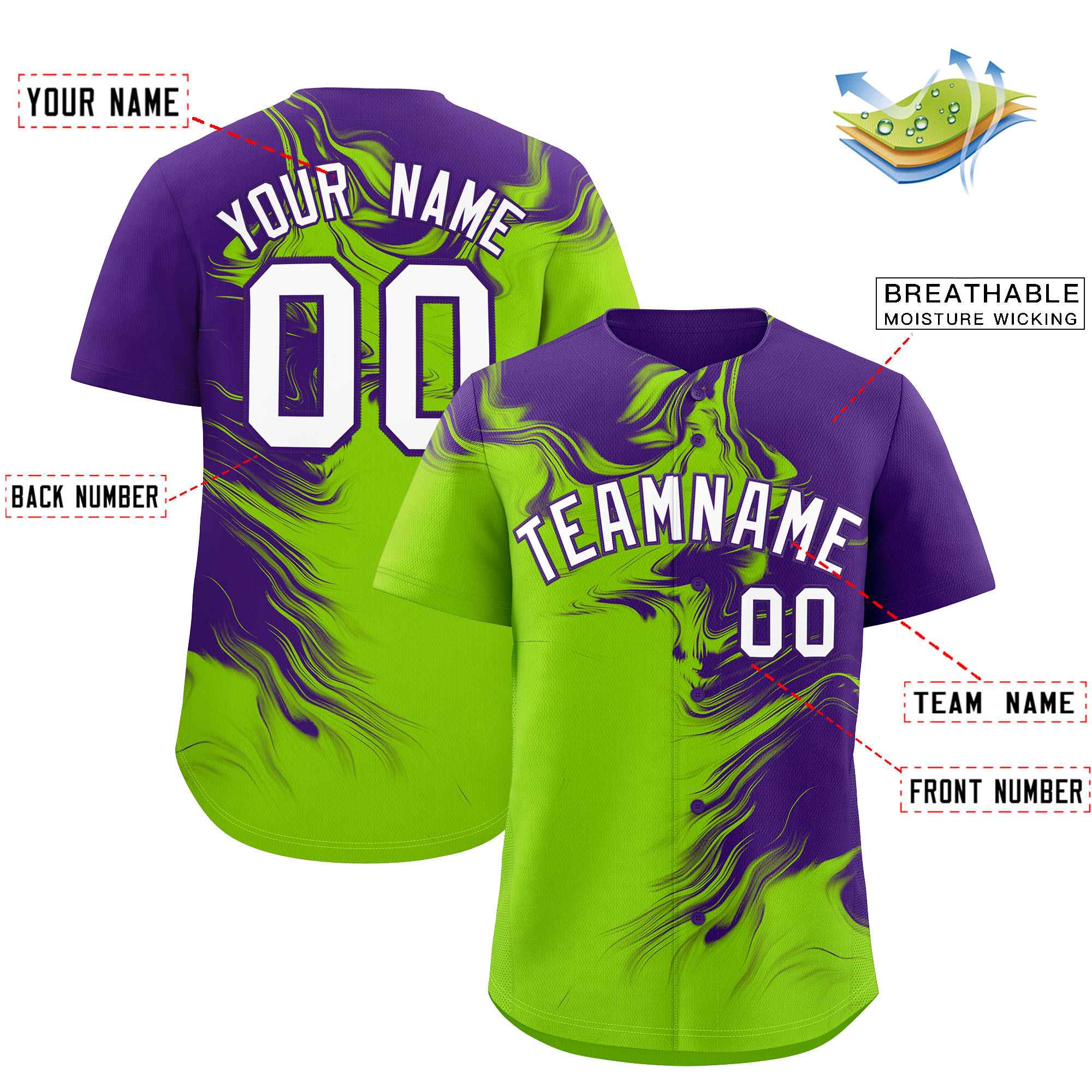 Custom Purple Neon Green Personalized Ink Pattern Authentic Baseball Jersey