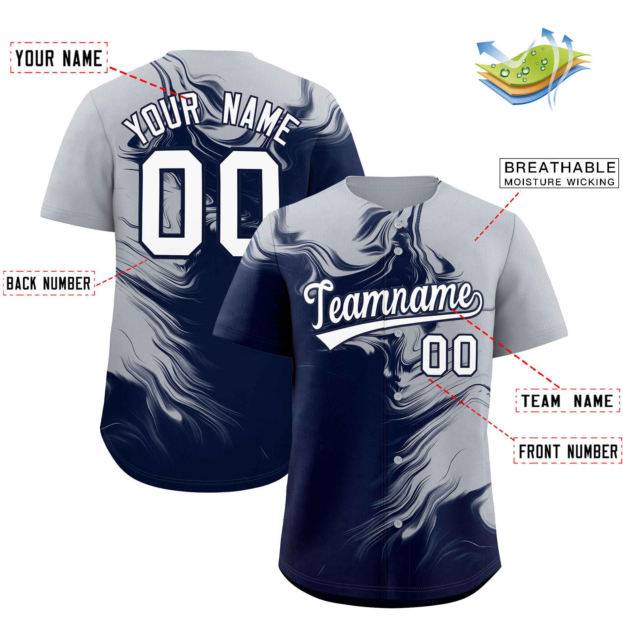 Custom Gray Navy Personalized Ink Pattern Authentic Baseball Jersey