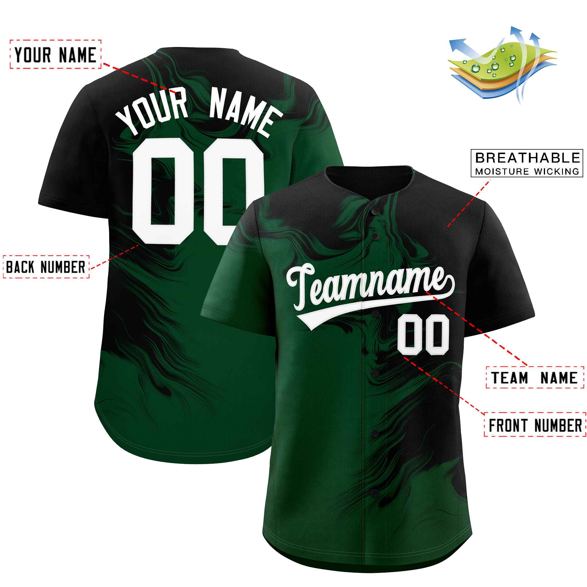 Custom Black Green Personalized Ink Pattern Authentic Baseball Jersey