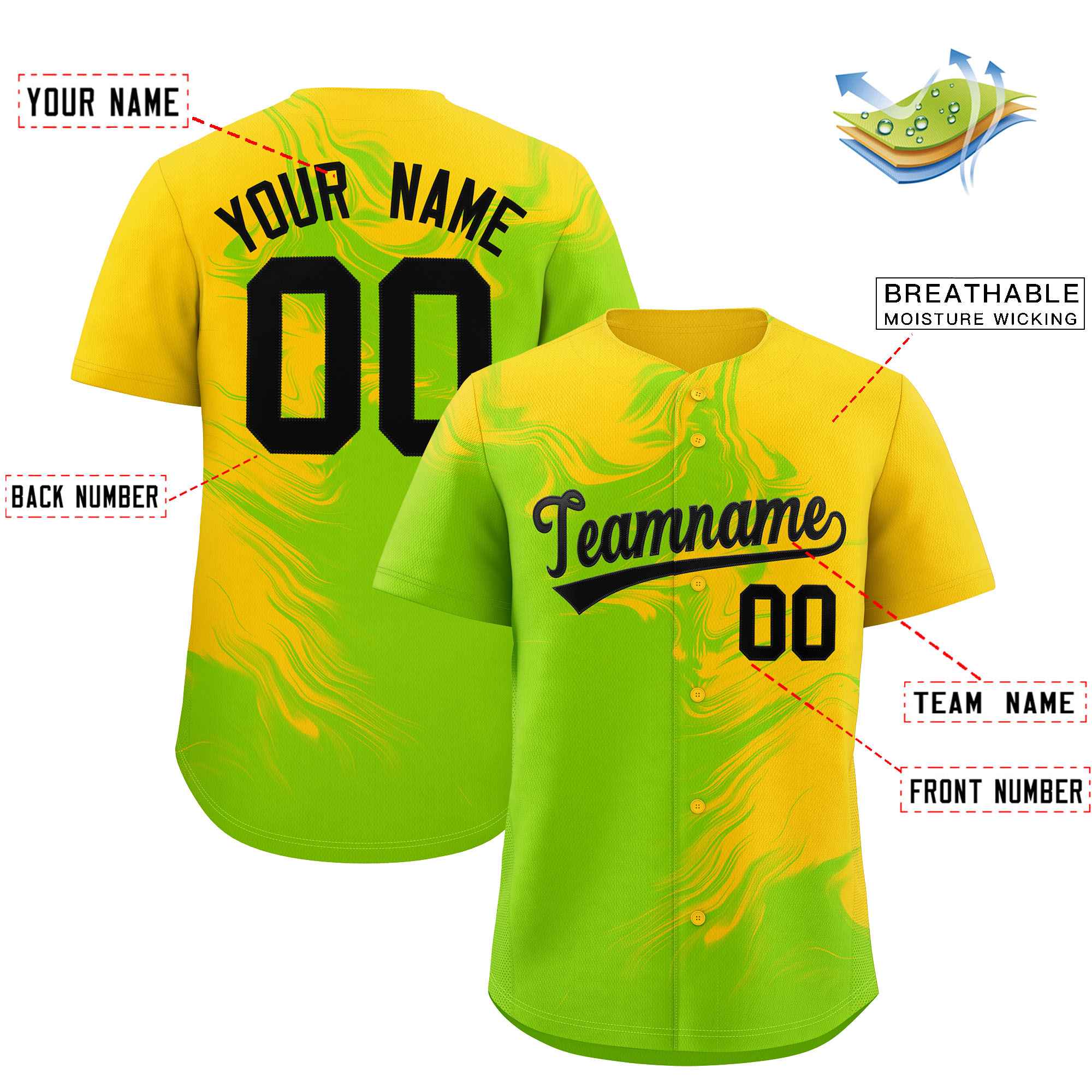 Custom Gold Neon Green Personalized Ink Pattern Authentic Baseball Jersey