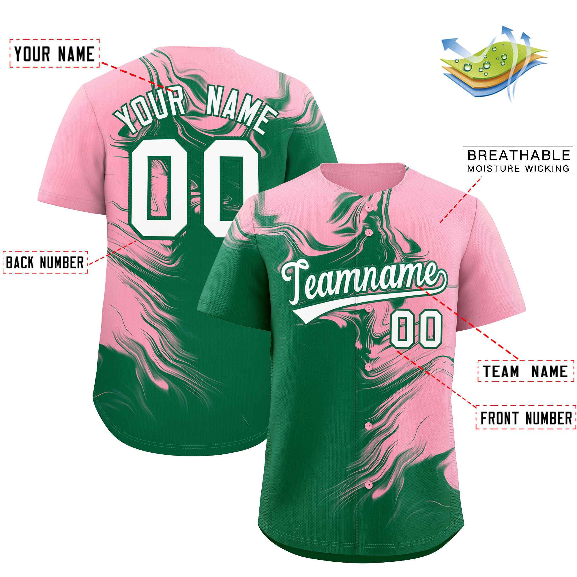 Custom Light Pink Kelly Green Personalized Ink Pattern Authentic Baseball Jersey