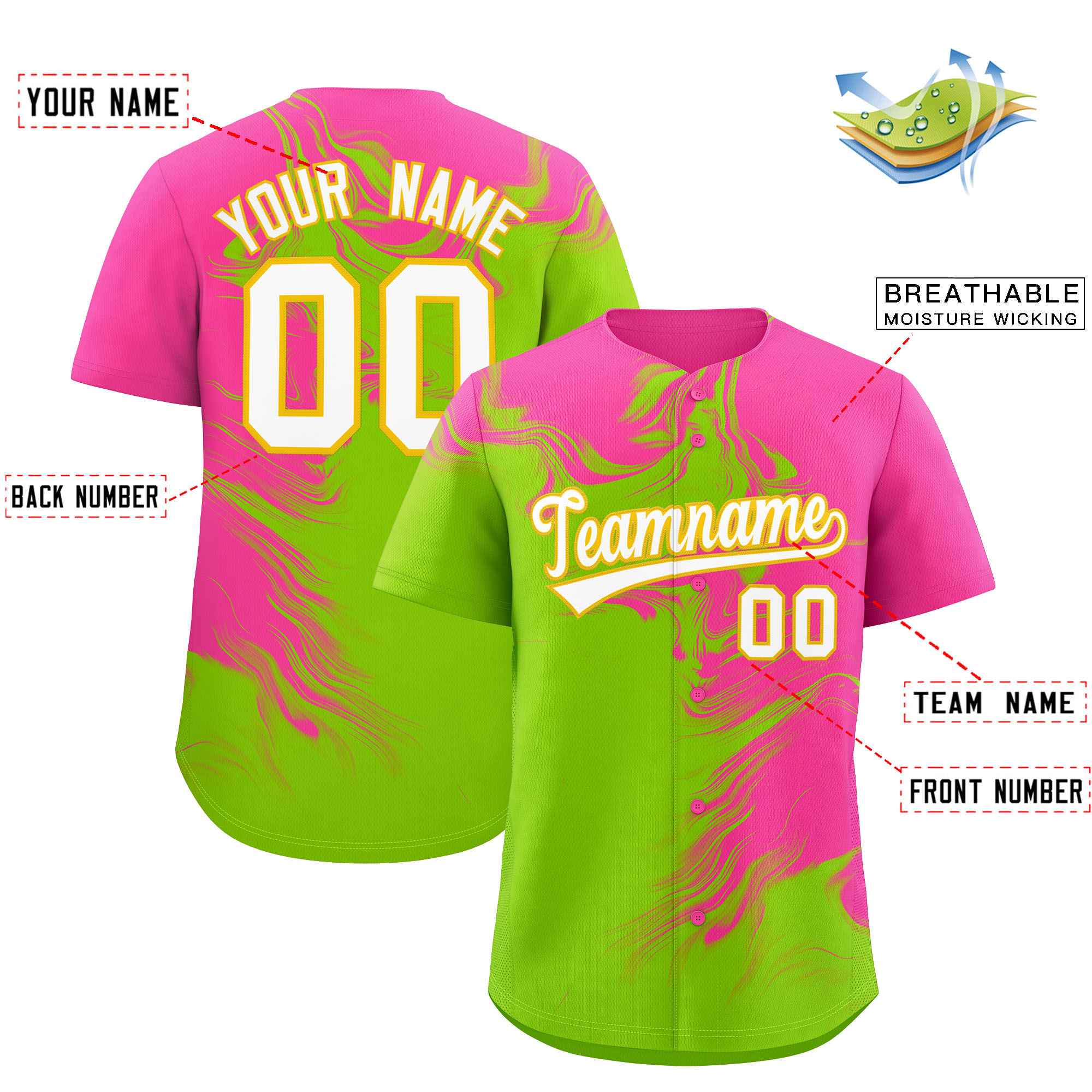 Custom Pink Neon Green Personalized Ink Pattern Authentic Baseball Jersey