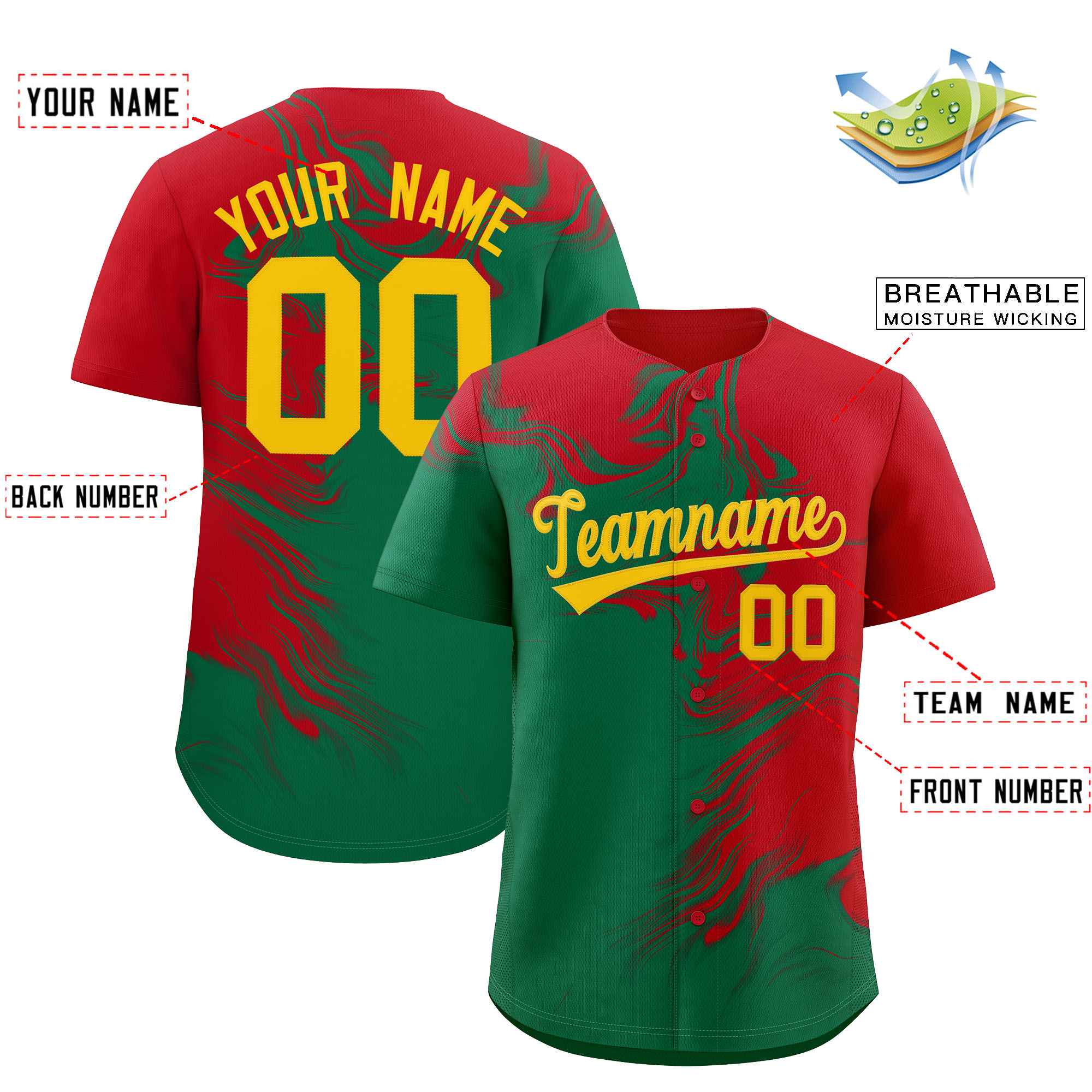 Custom Red Kelly Green Personalized Ink Pattern Authentic Baseball Jersey