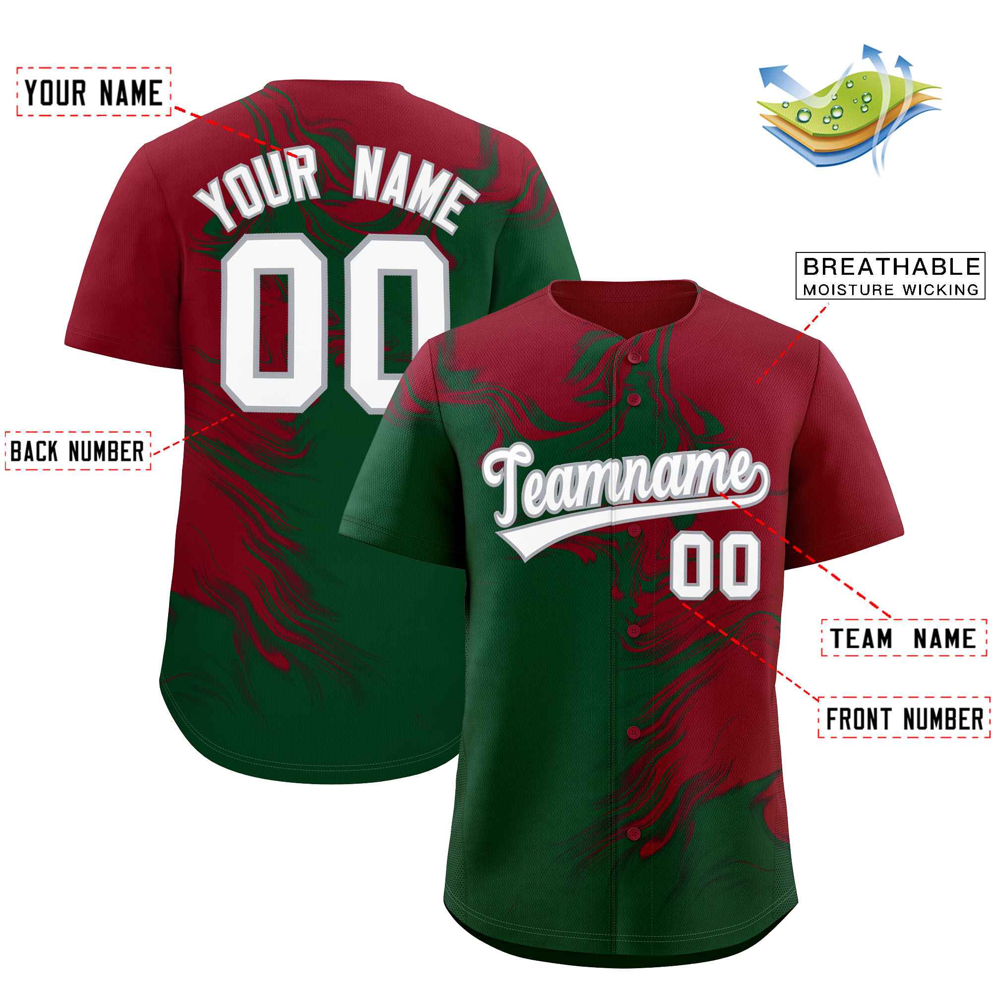 Custom Crimson Green Personalized Ink Pattern Authentic Baseball Jersey