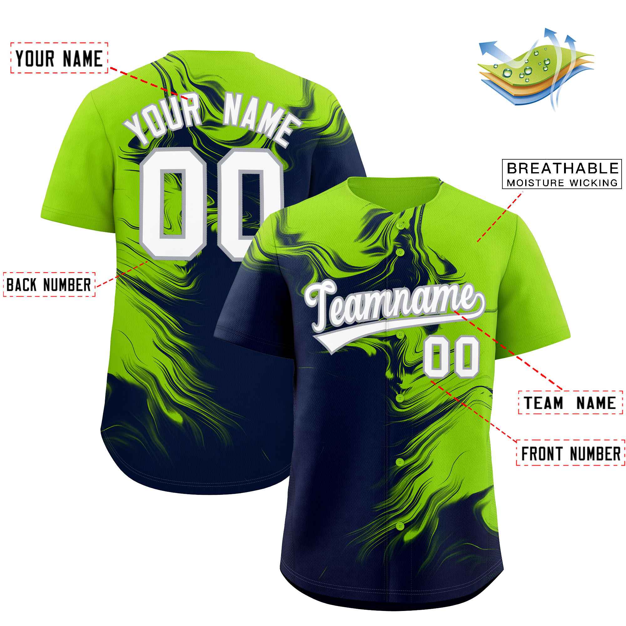 Custom Neon Green Navy Personalized Ink Pattern Authentic Baseball Jersey