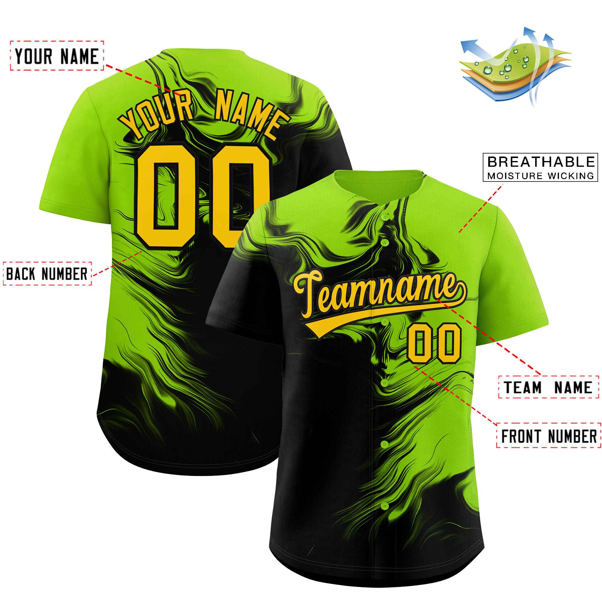 Custom Neon Green Black Personalized Ink Pattern Authentic Baseball Jersey