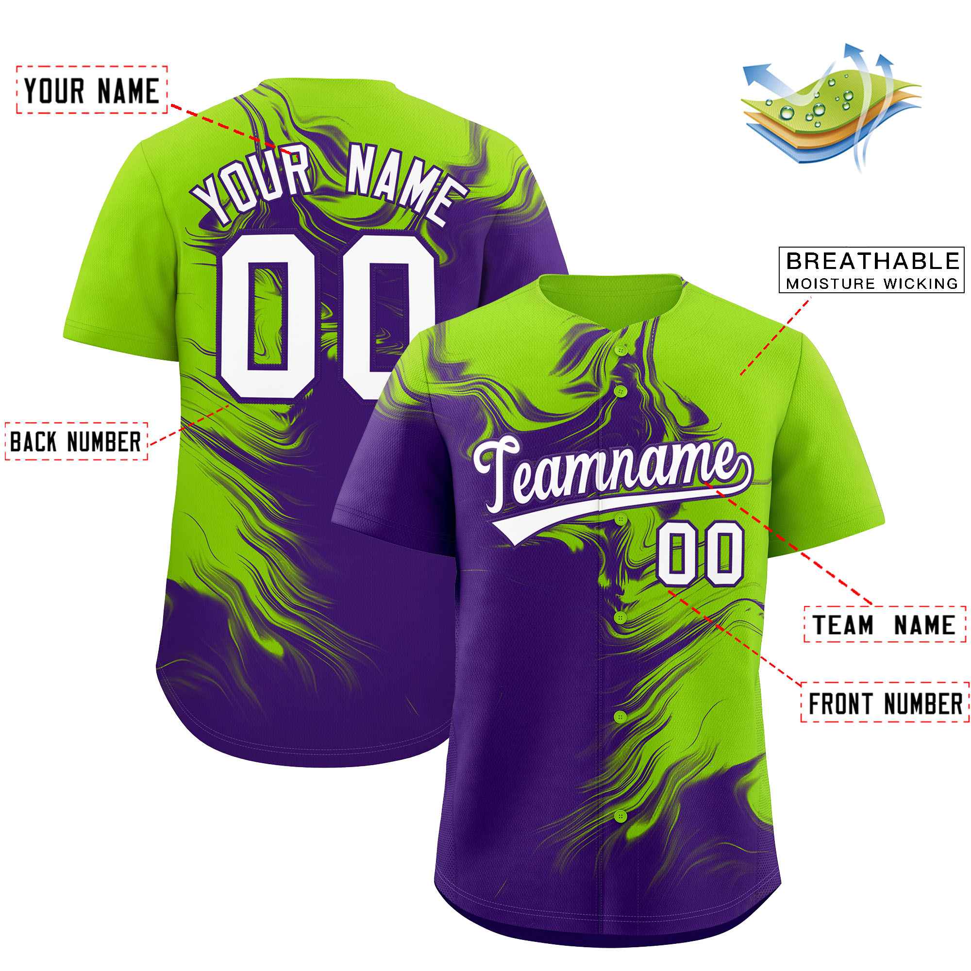 Custom Neon Green Purple Personalized Ink Pattern Authentic Baseball Jersey