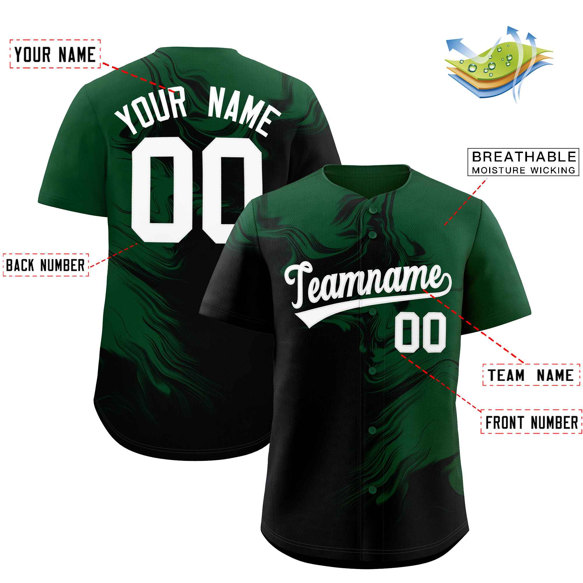 Custom Green Black Personalized Ink Pattern Authentic Baseball Jersey