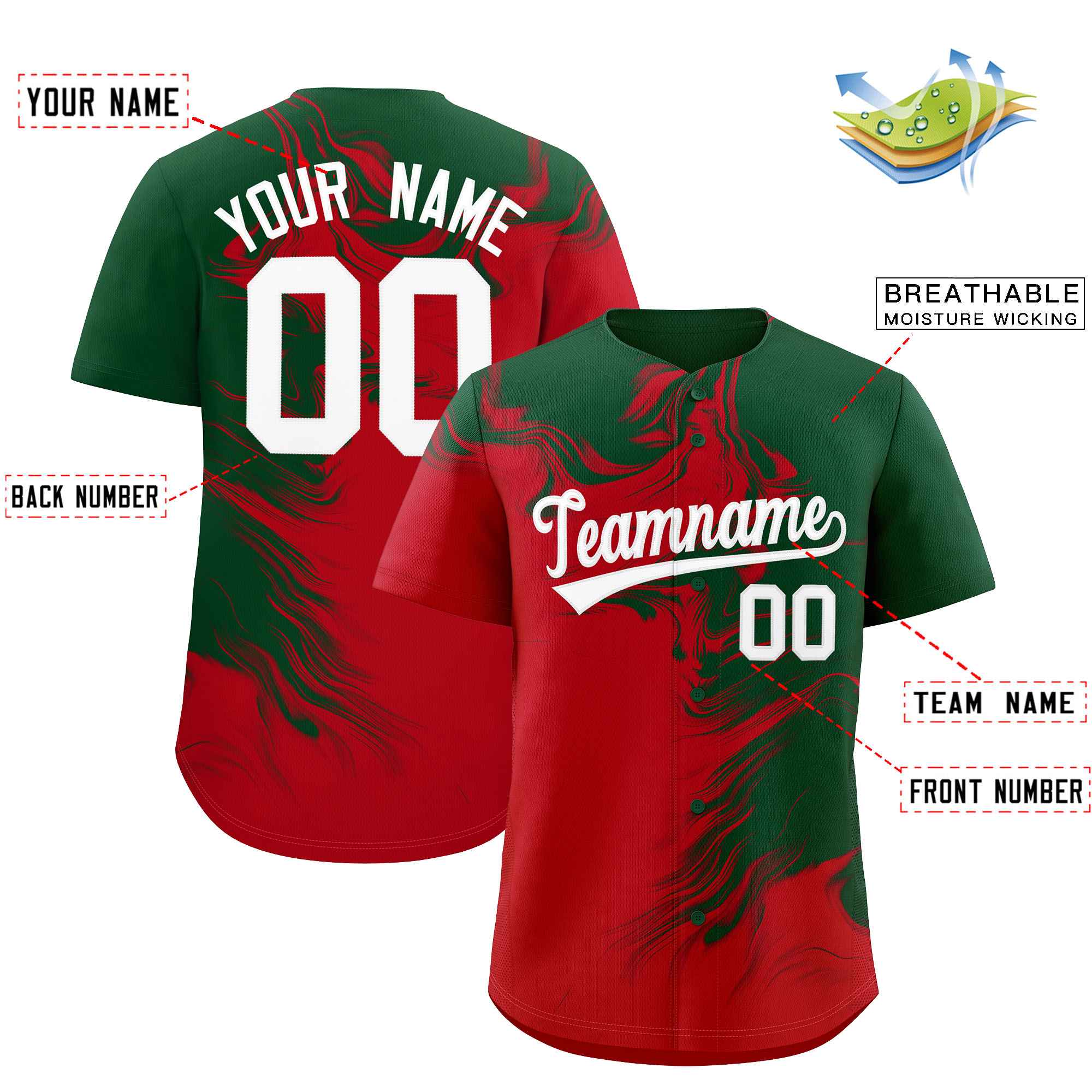 Custom Green Red Personalized Ink Pattern Authentic Baseball Jersey