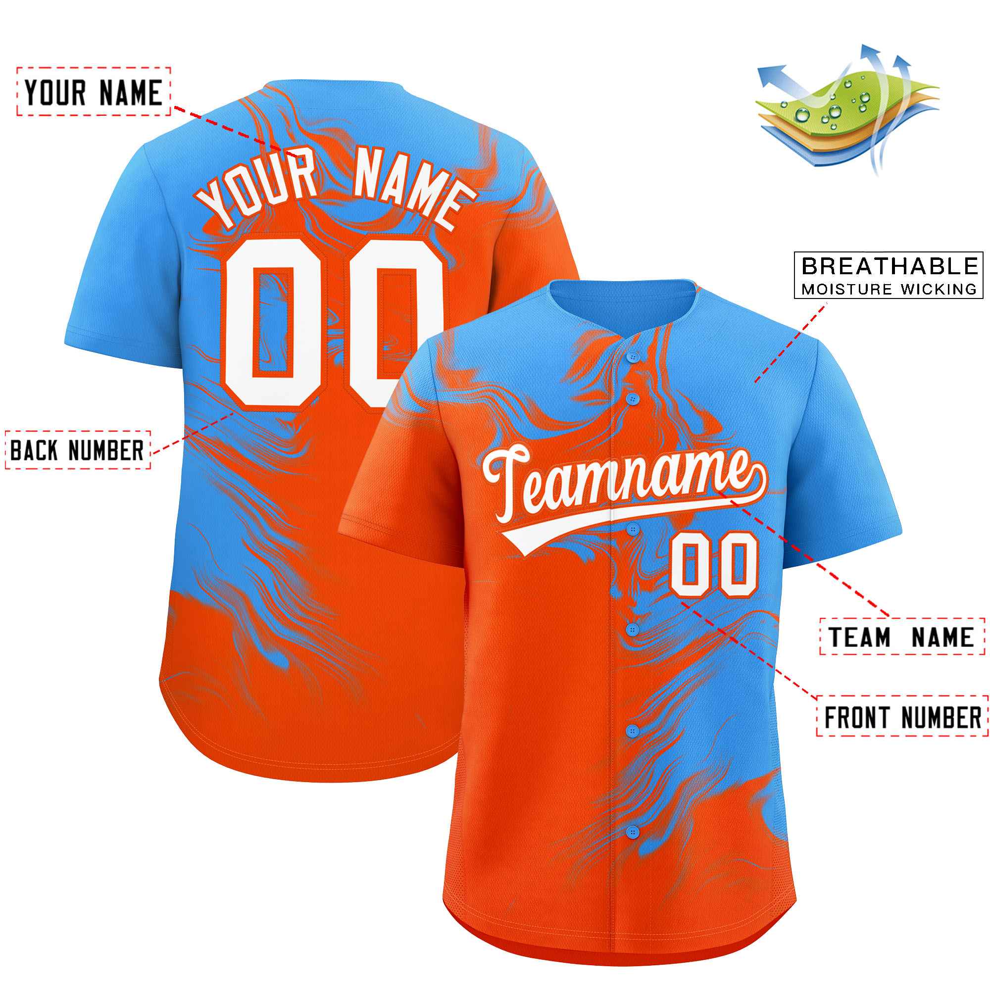 Custom Powder Blue Orange Personalized Ink Pattern Authentic Baseball Jersey